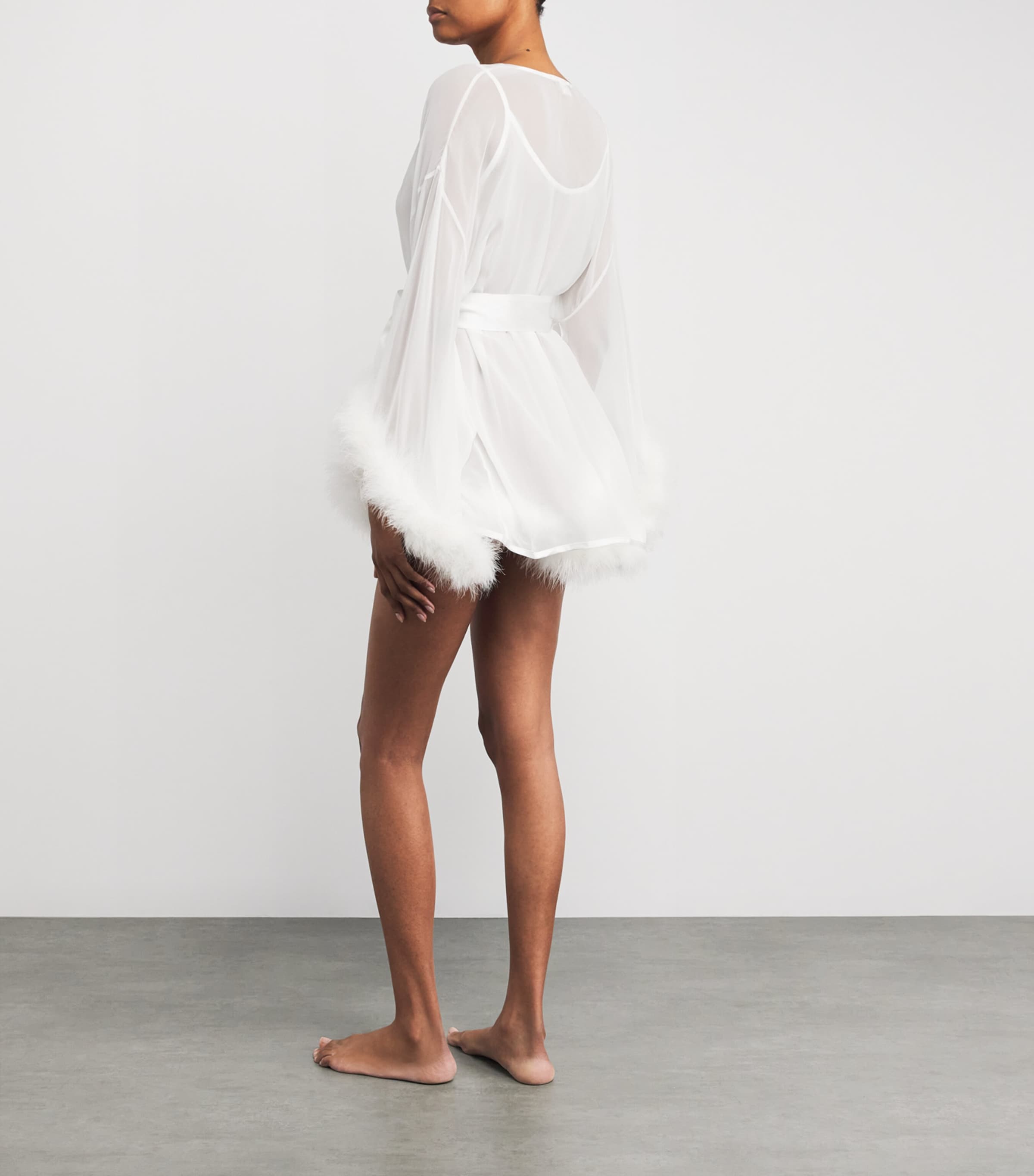 Gilda & Pearl Womens Silk Feather-Trim Sheer Diana Short Robe Ivory Image 3