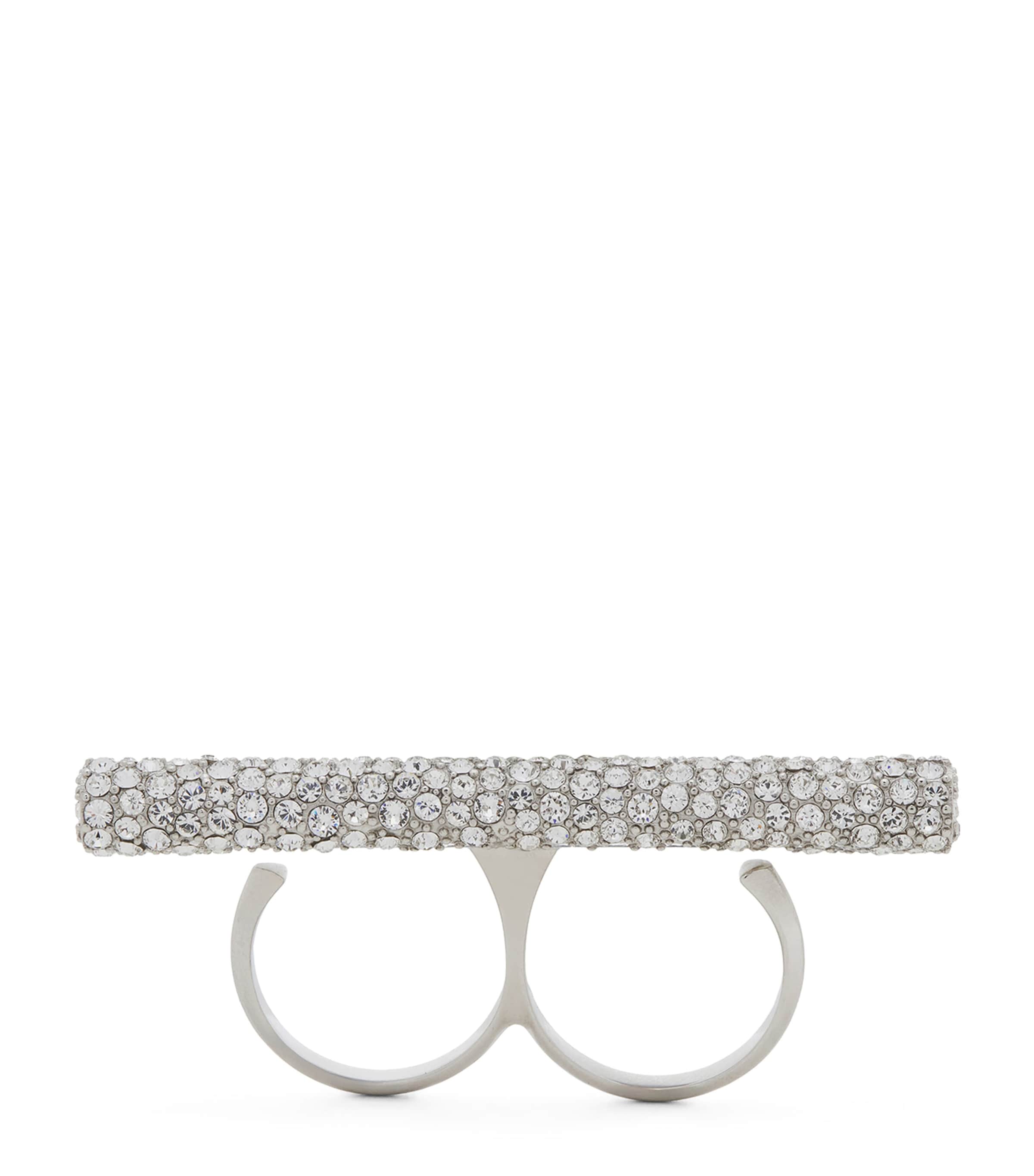 Alexander Mcqueen Embellished Cross-bar Double Ring In Black
