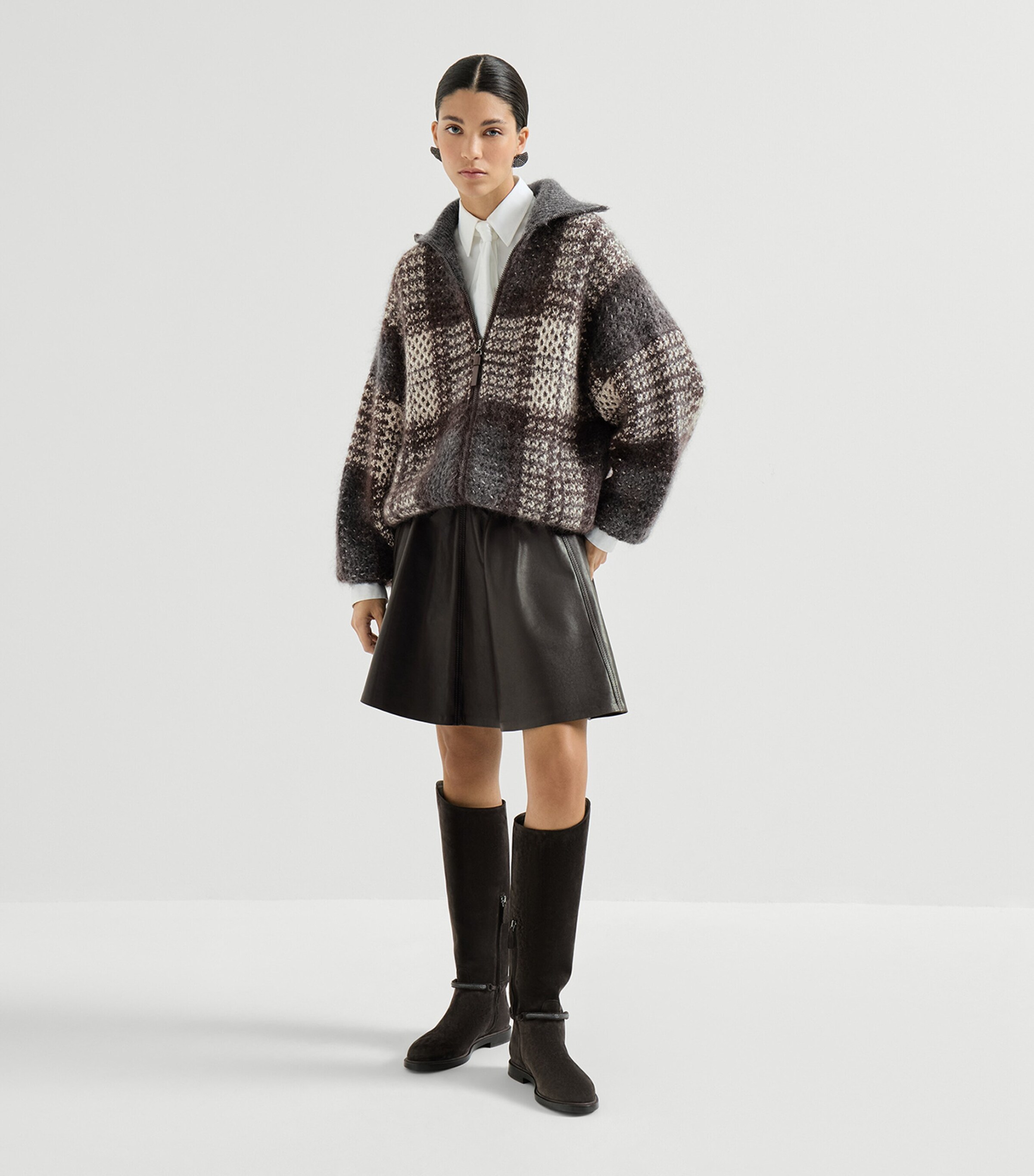 Brunello Cucinelli Womens Knitted Check Jacket Beige+grey Image 3