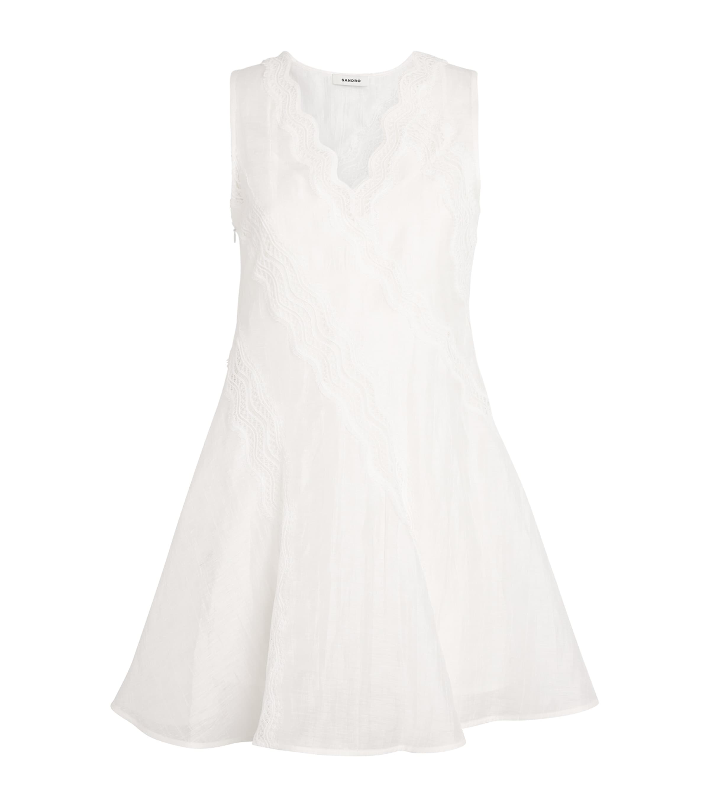 Sandro Paris Womens Linen-Blend Lace-Trim Dress White Image 1