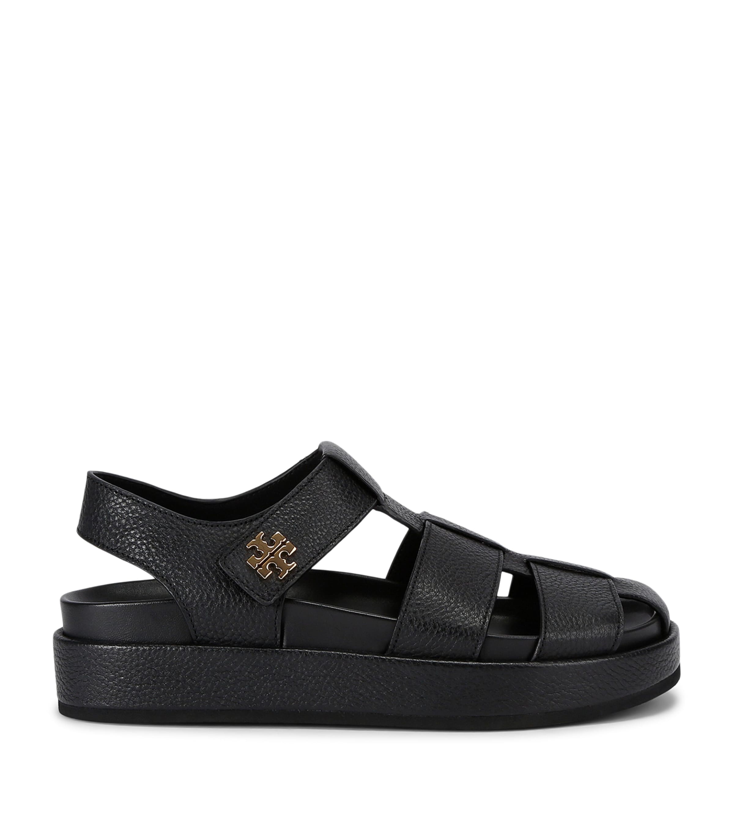 Tory Burch Kira Black Sandals With Logo Plaque In Grained Leather Woman In Black