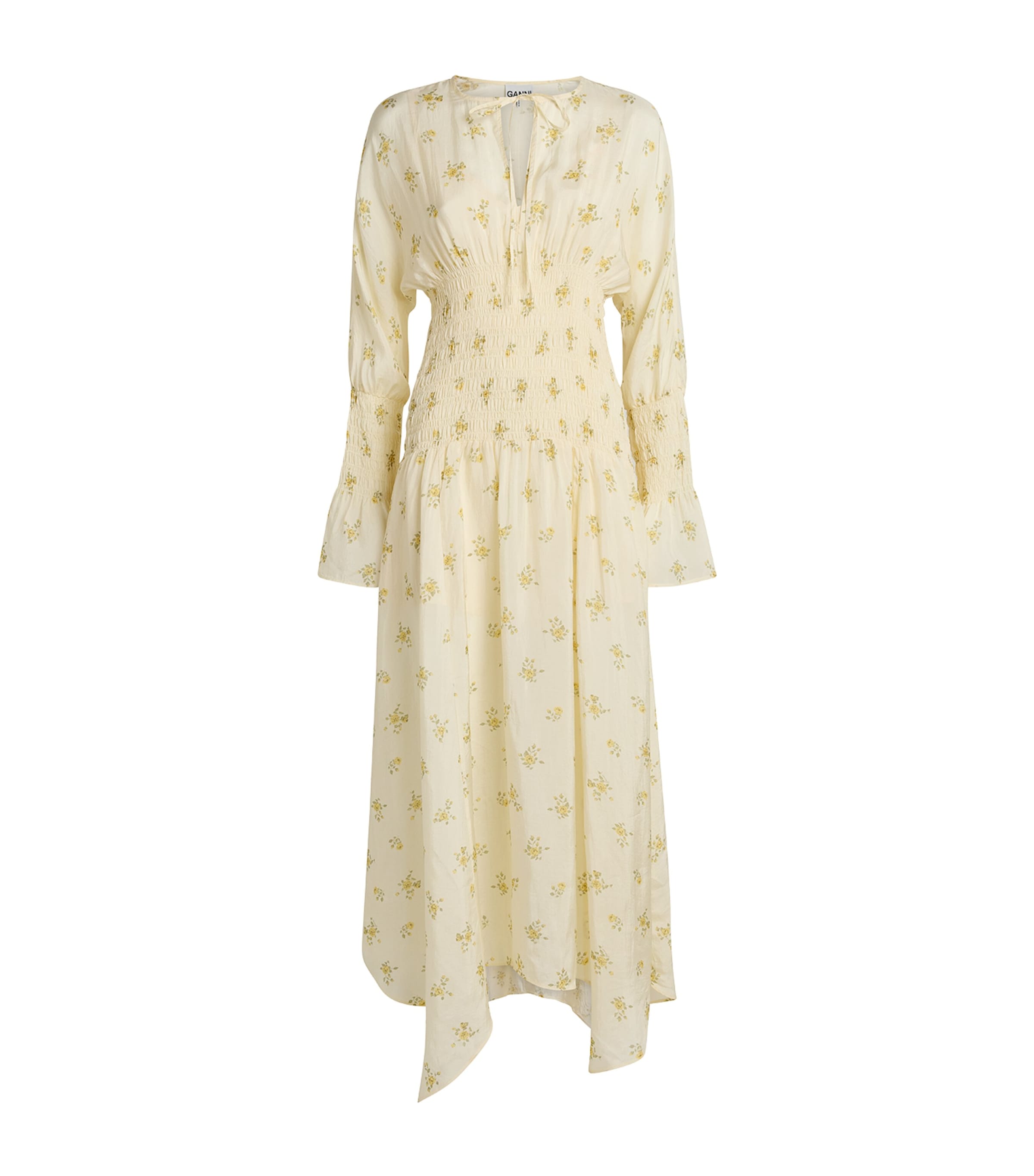 GANNI Sheer Floral Smocked Midi Dress | Designers | Ganni