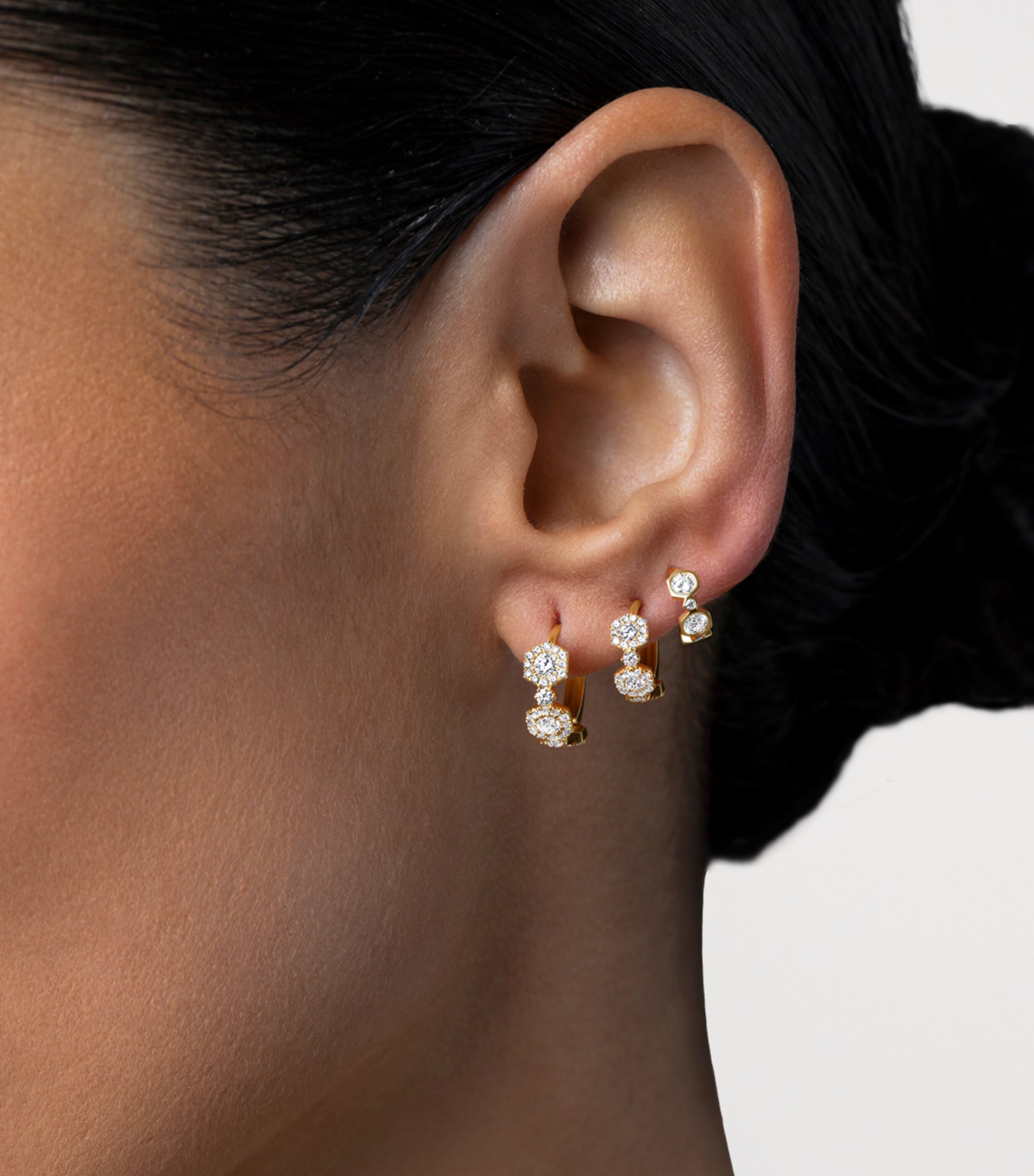 David Morris Yellow Gold and Diamond Triolette Hexagon Hoop Earrings Clear Image 2