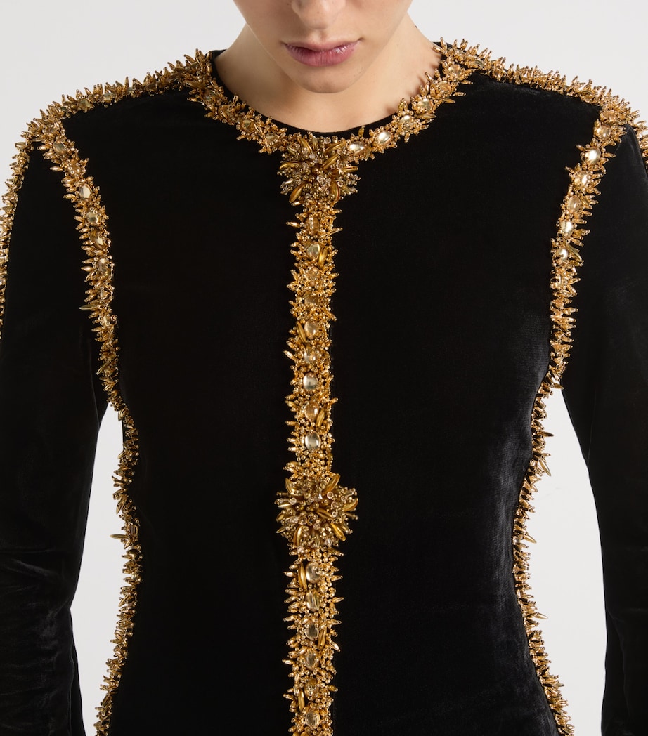 Balmain Womens Velvet Beaded-Trim Maxi Dress Ead Noir Or Image 6