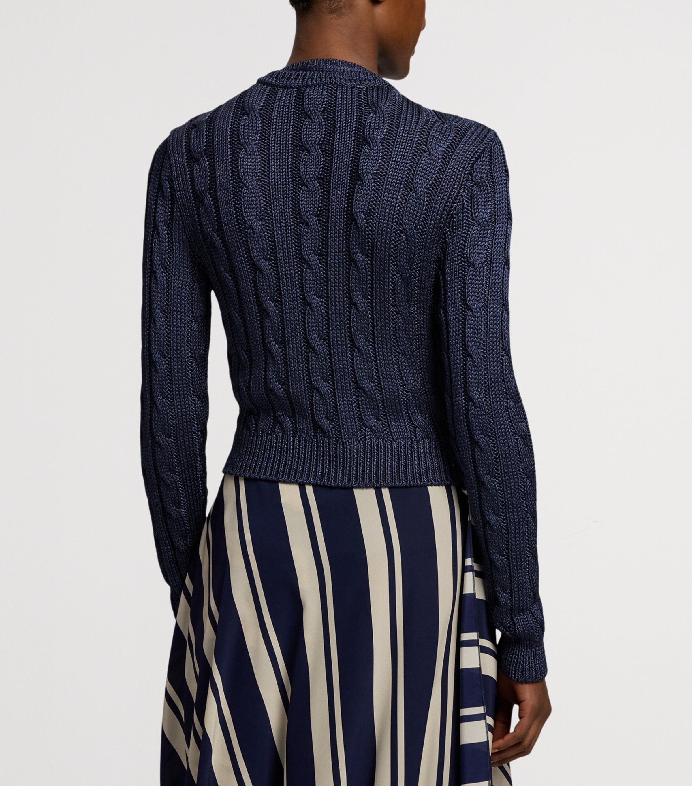 Silk Cable-Knit Cropped Cardigan NAVY-410 Image 8