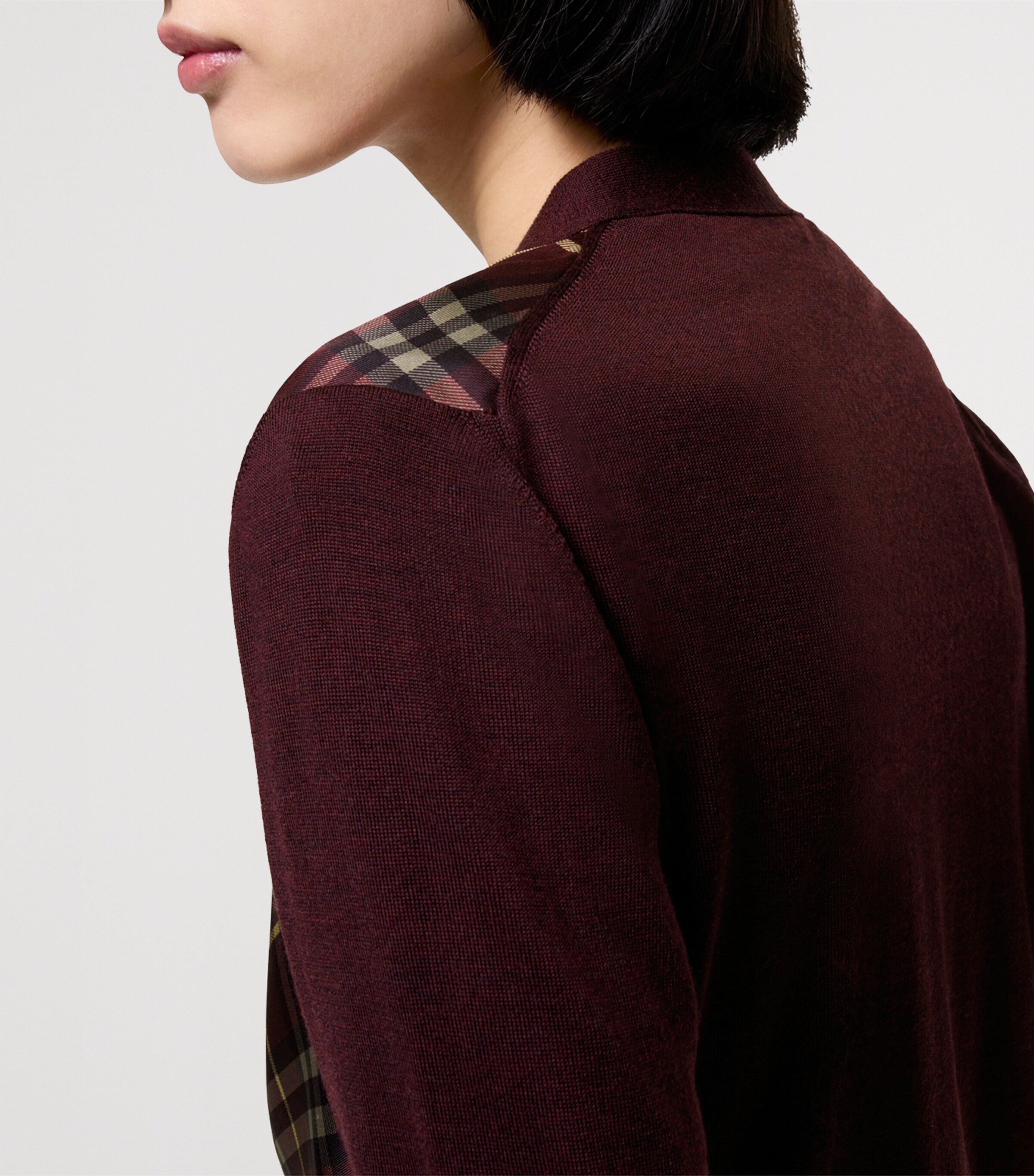 Burberry Womens Wool-Silk Check Panel Cardigan Vineyard Red Image 3