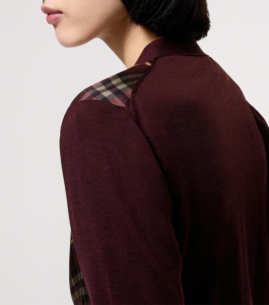 Burberry Womens Wool-Silk Check Panel Cardigan Vineyard Red Image 3