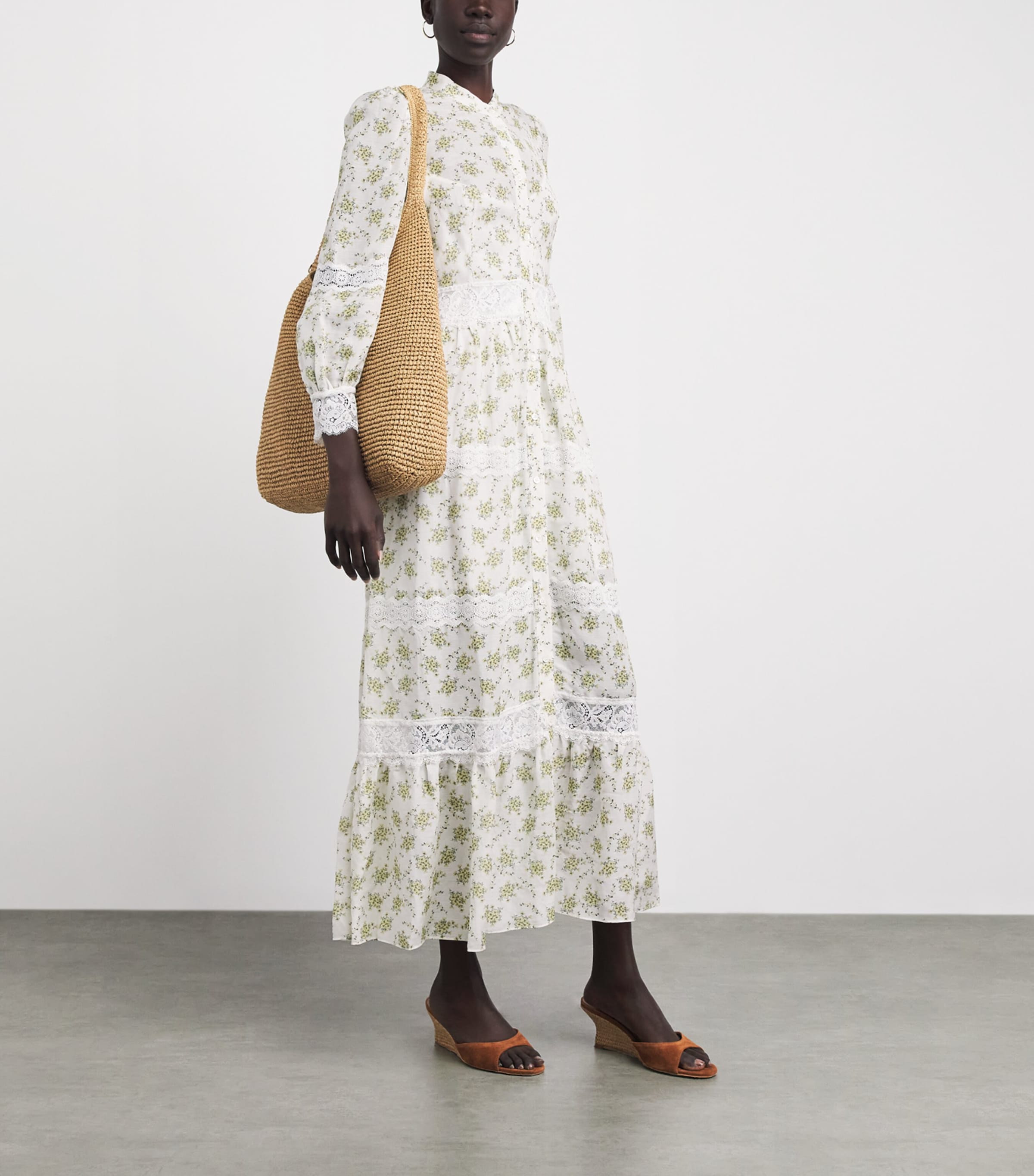 Sandro Paris Womens Lace Floral Midi Dress Olive / Ecru Image 2