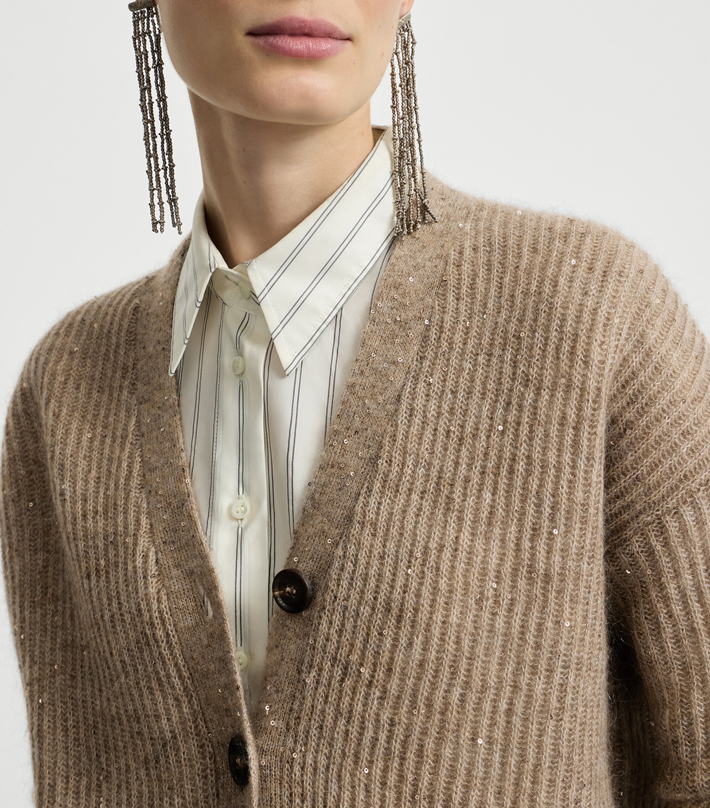 Brunello Cucinelli Womens English Rib Sequin Cardigan Brown Caldo Image 6