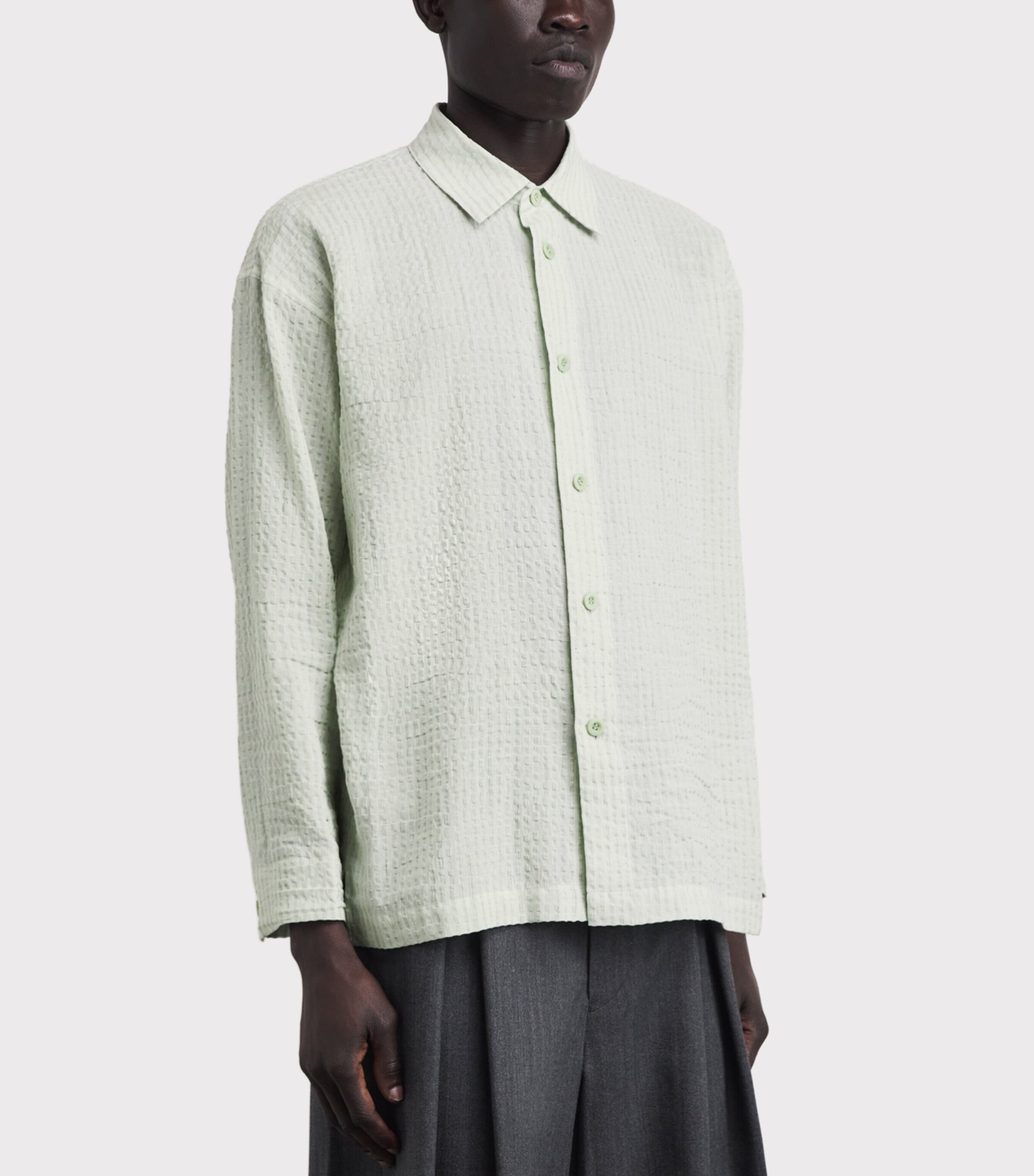 IM MEN Mens Cotton-Linen Stripe Shrink Shirt Sage Green Image 4