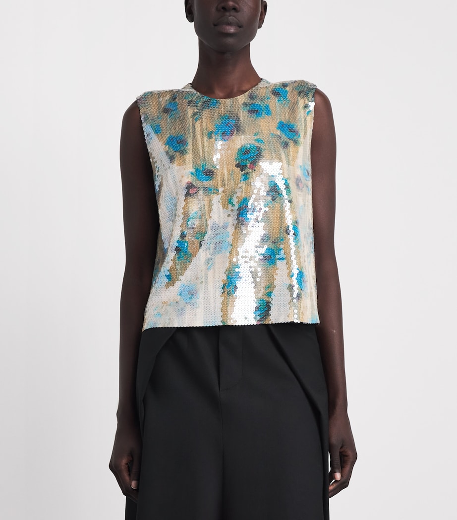 Tory Burch Womens Sequin Shell Top Blue Roses Image 4