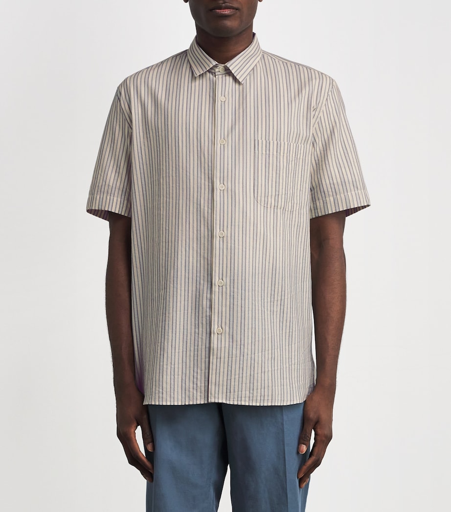 Sunspel Mens Cotton Embroidered Stripe Shirt Stnj Ecru/denm Multi Image 3