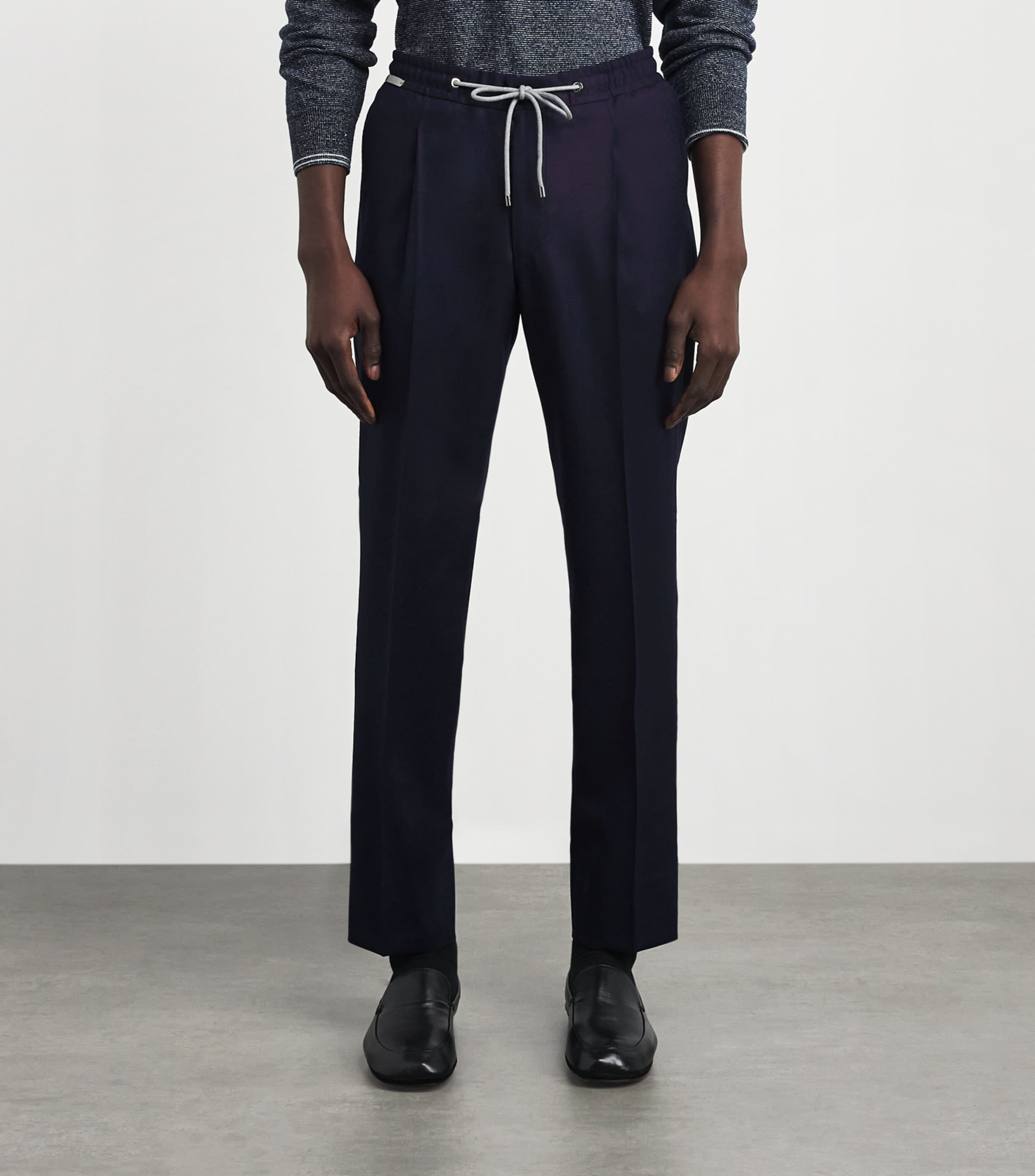 Corneliani Mens Virgin Wool Drawstring Trousers Dark Blue Image 4