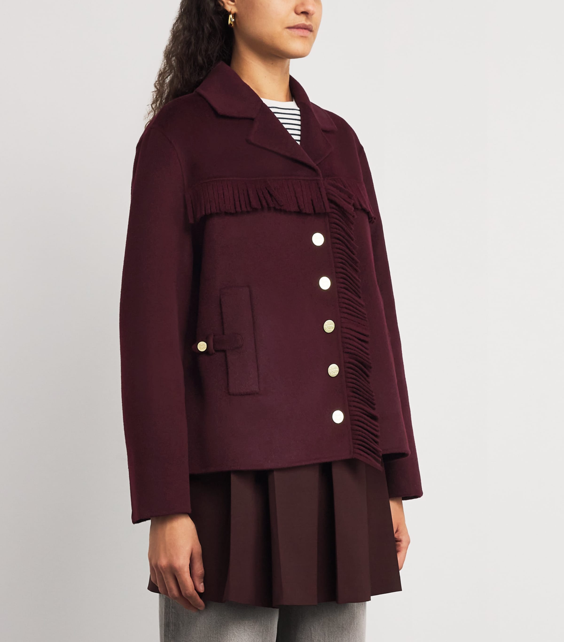 Wool-Blend Fringe Jacket BURGUNDY Image 3