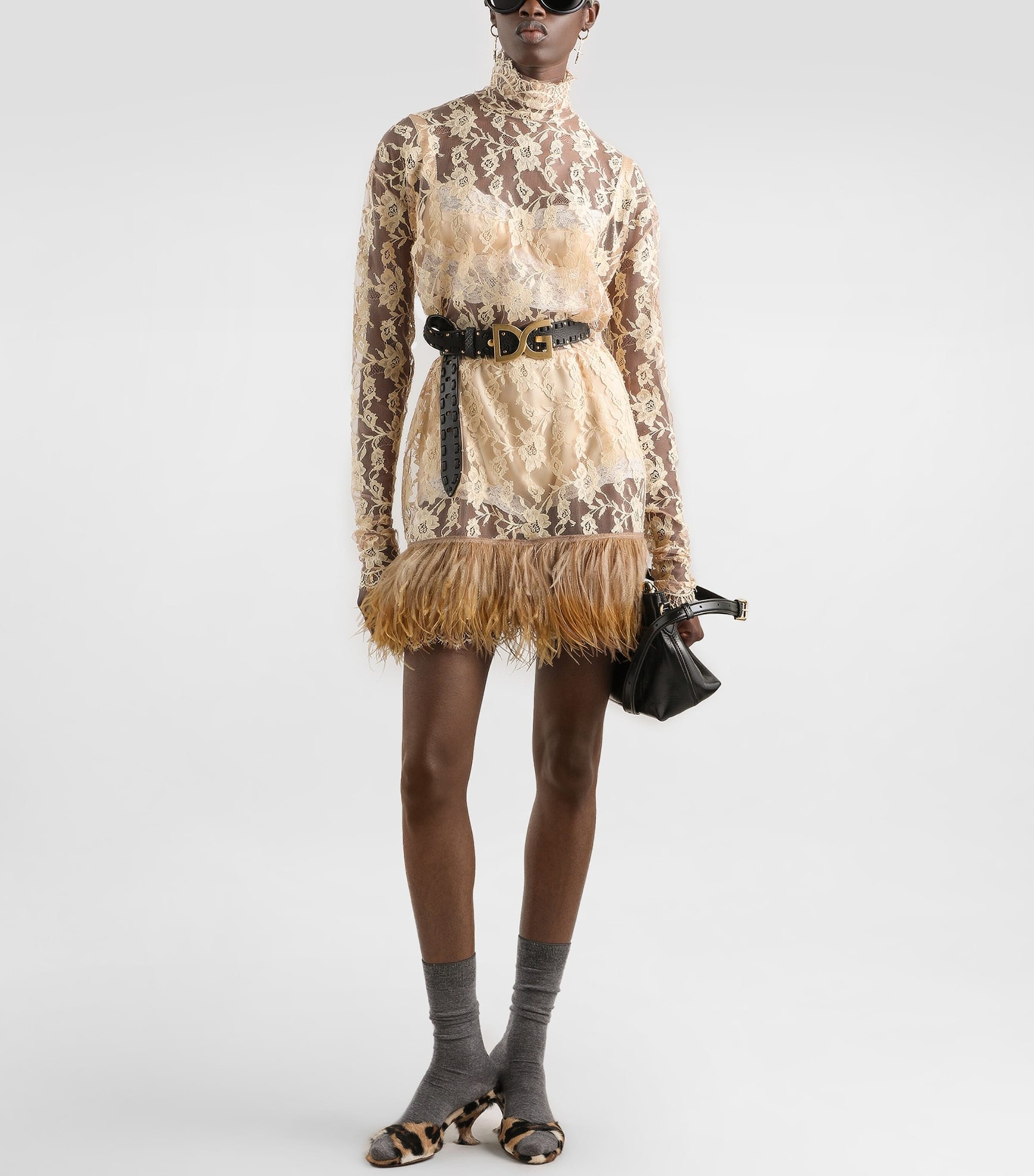 Dolce&Gabbana Womens Lace Feather-Trim Mini Dress Ecru Image 2