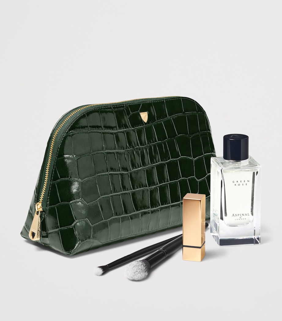 Aspinal Of London Large Leather Croc-Embossed Cosmetic Case Evergreen Image 3