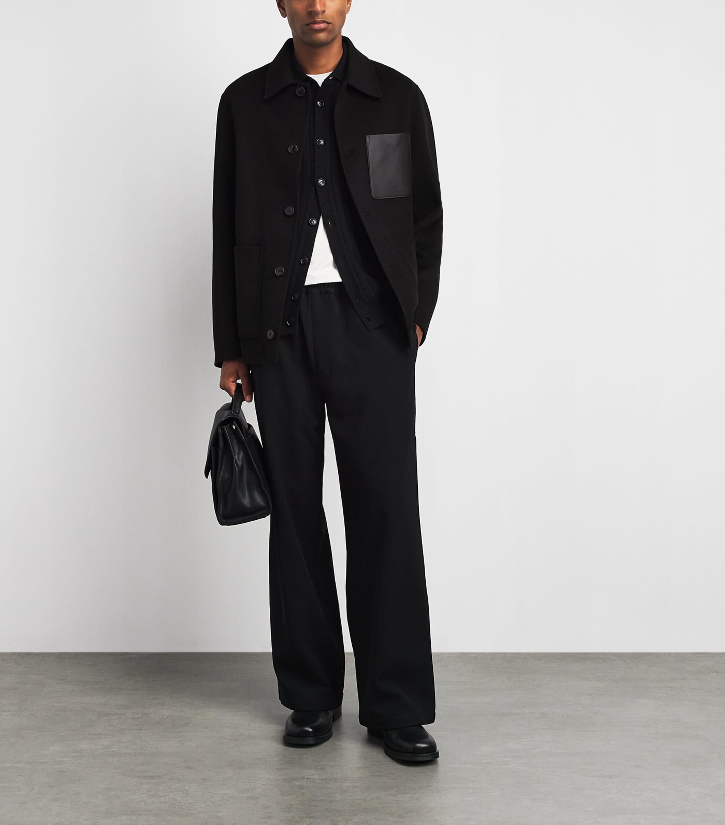 Yves Salomon Mens Wool-Cashmere Leather Patch Overshirt Noir Image 2