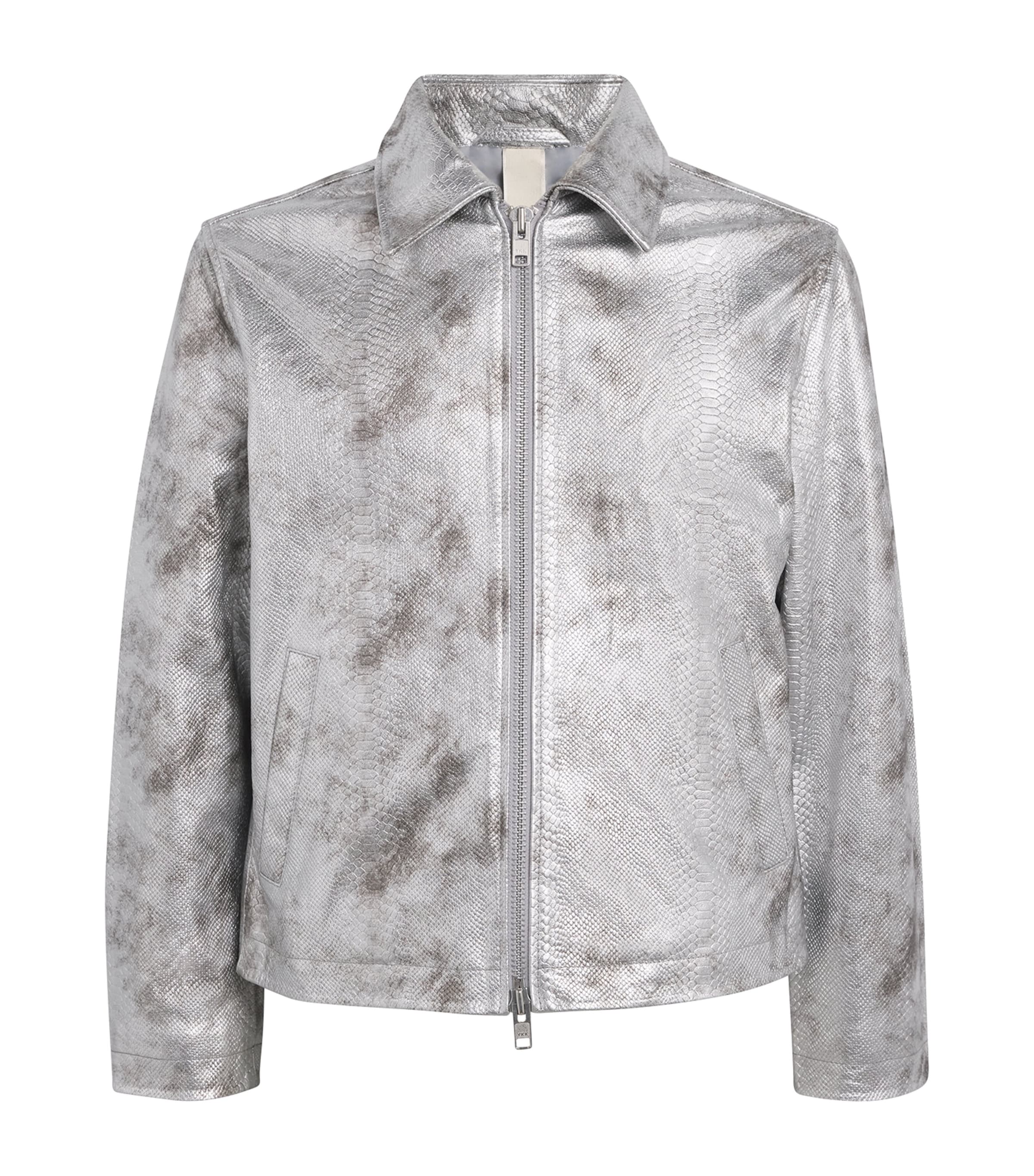 Sunflower Snakeskin-embossed Collar Leather Jacket In Gray