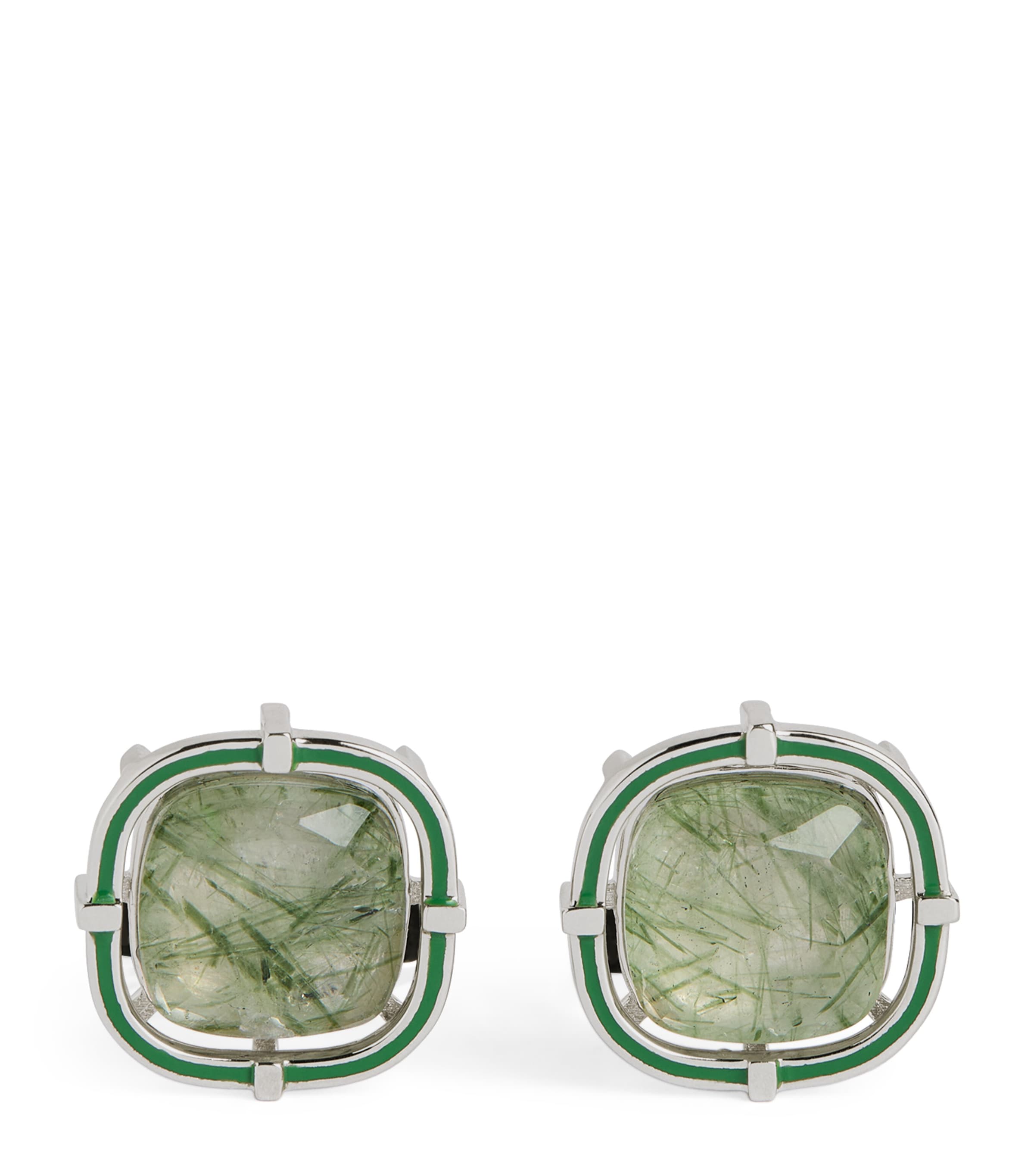 Tateossian Sterling Silver And Actinolite Cufflinks In Green