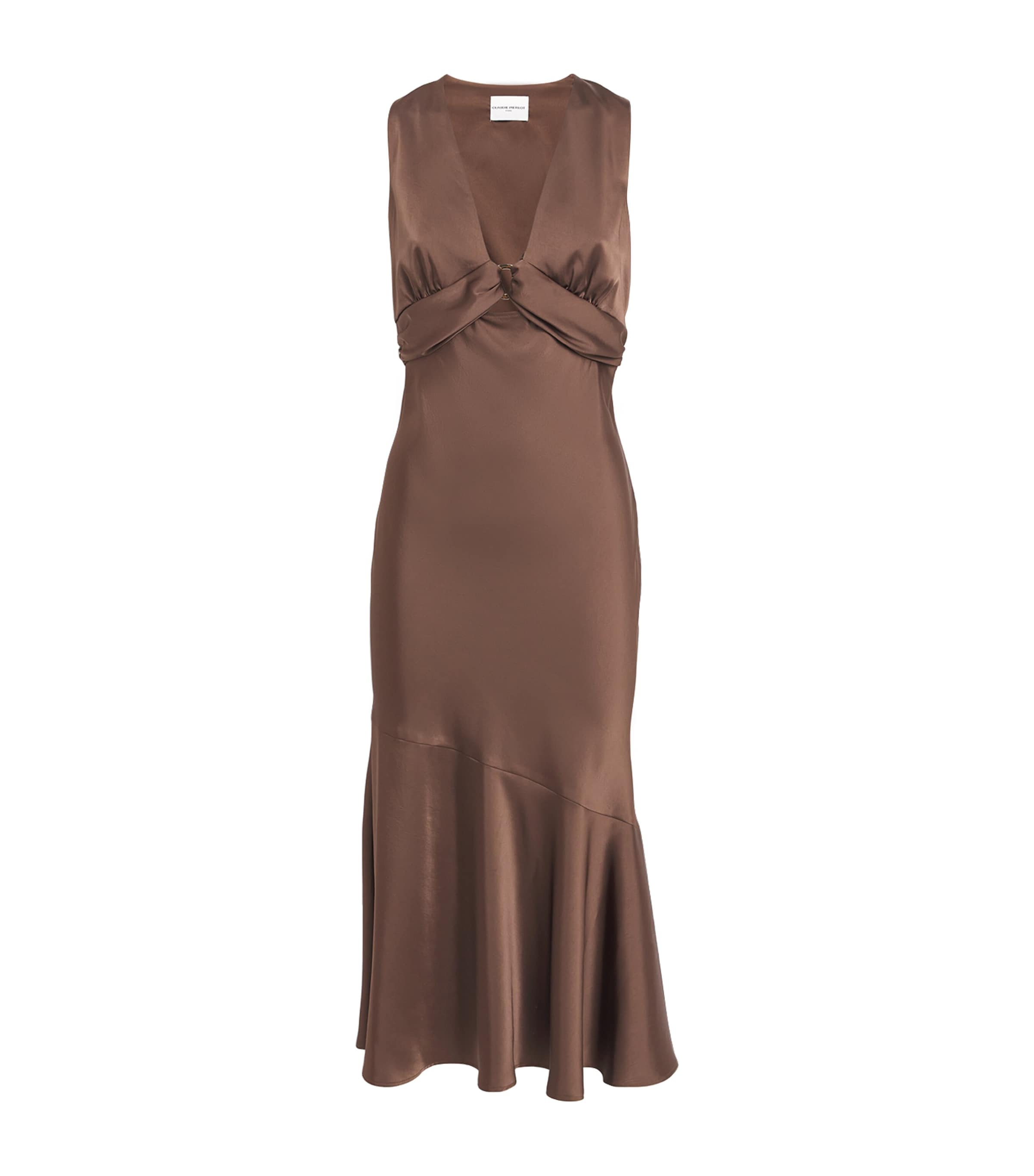 Claudie Pierlot Satin V-neck Midi Dress In Brown