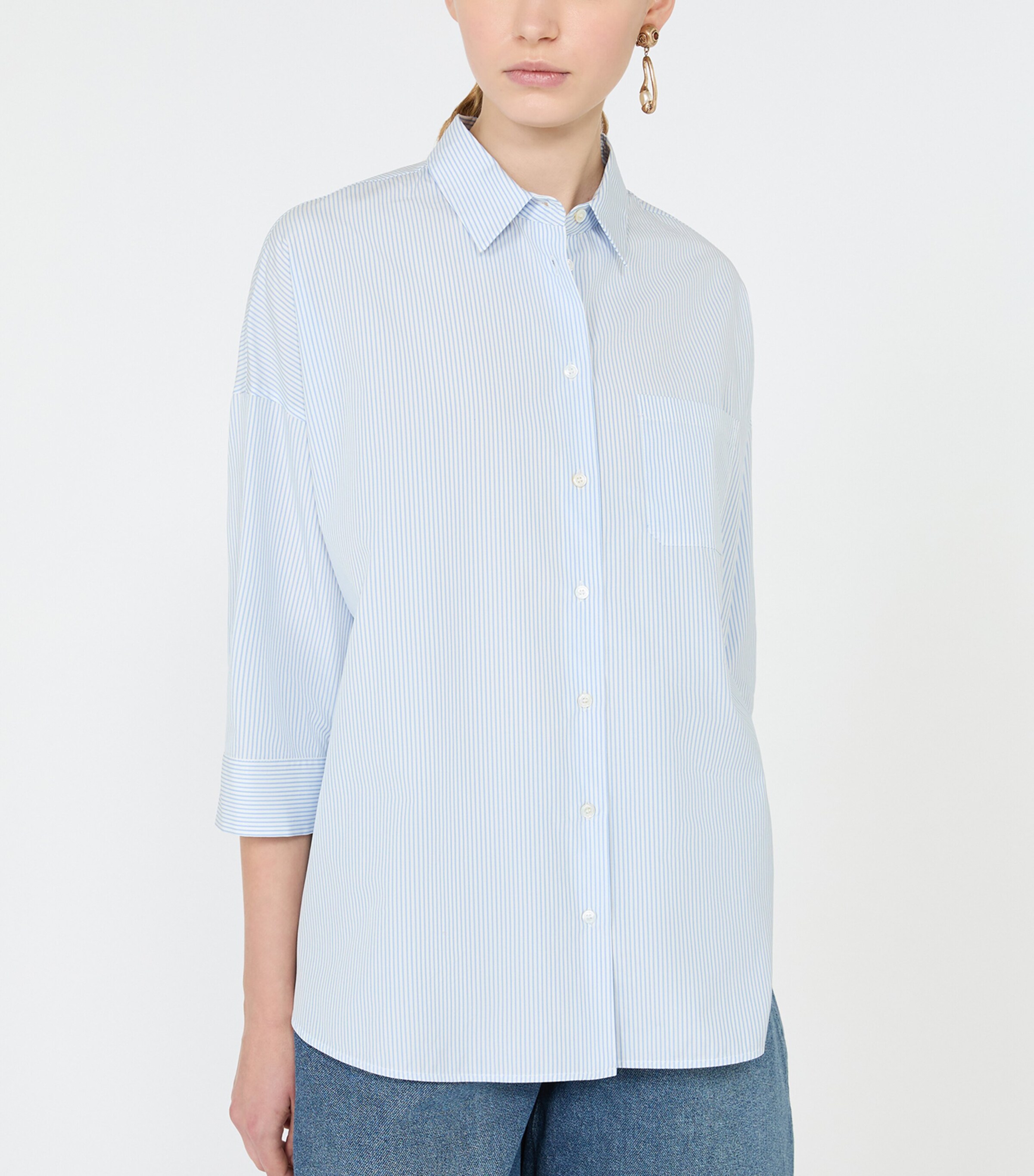 Weekend Max Mara Womens Cotton Stripe Cropped-Sleeve Shirt Light Blue Image 5