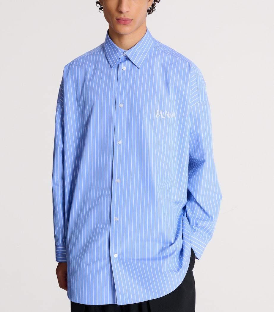 Balmain Mens Cotton Relaxed Stripe Logo Shirt Sab Bleu/blanc Image 5