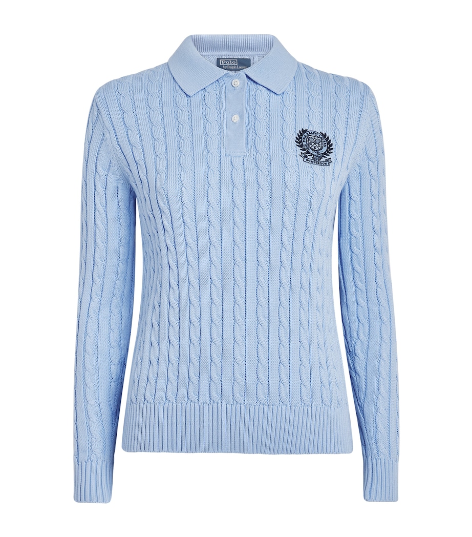 Polo Ralph Lauren Womens x Wimbledon Cable-Knit Polo Sweater Office Blue Image 1
