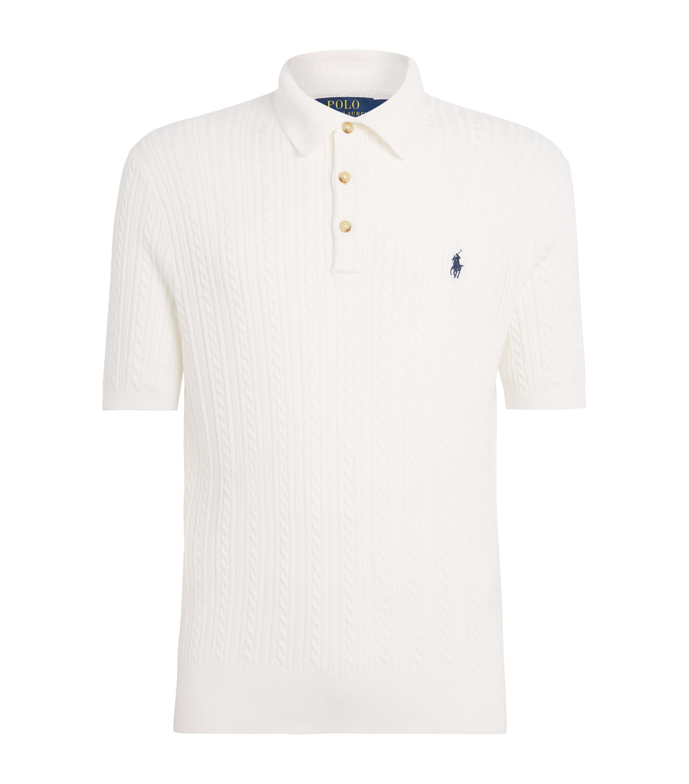 Polo Ralph Lauren Mens Cotton Cable-Knit Polo Shirt Dckwash Wht W/nvy Pp Image 1
