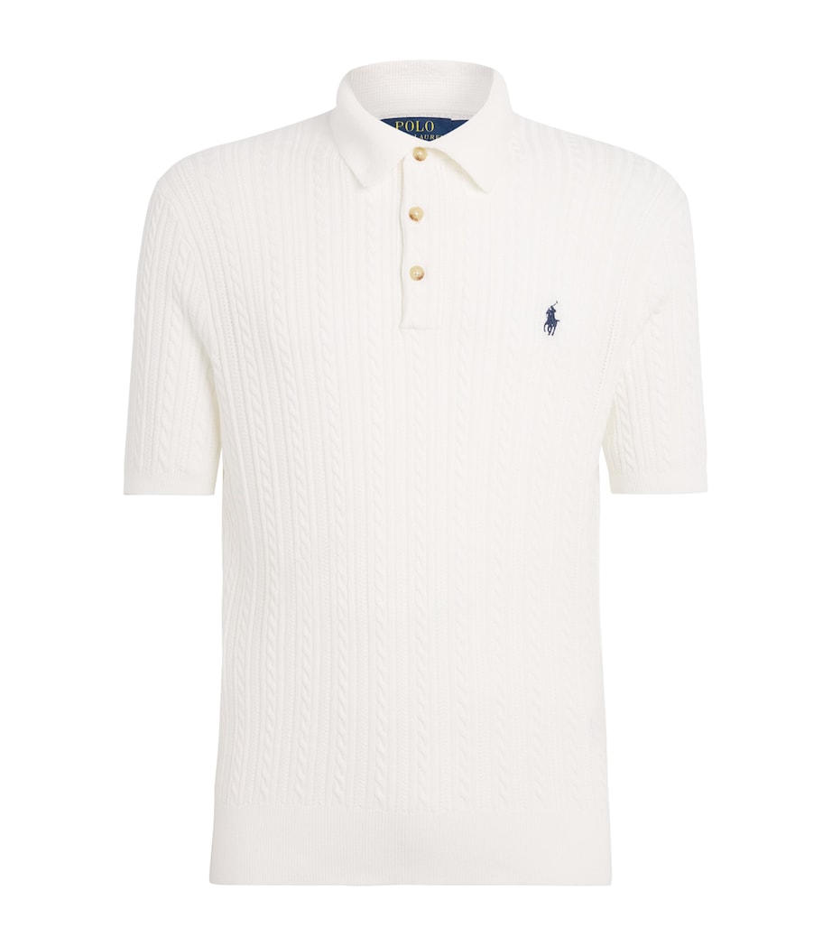 Polo Ralph Lauren Mens Cotton Cable-Knit Polo Shirt Dckwash Wht W/nvy Pp Image 1