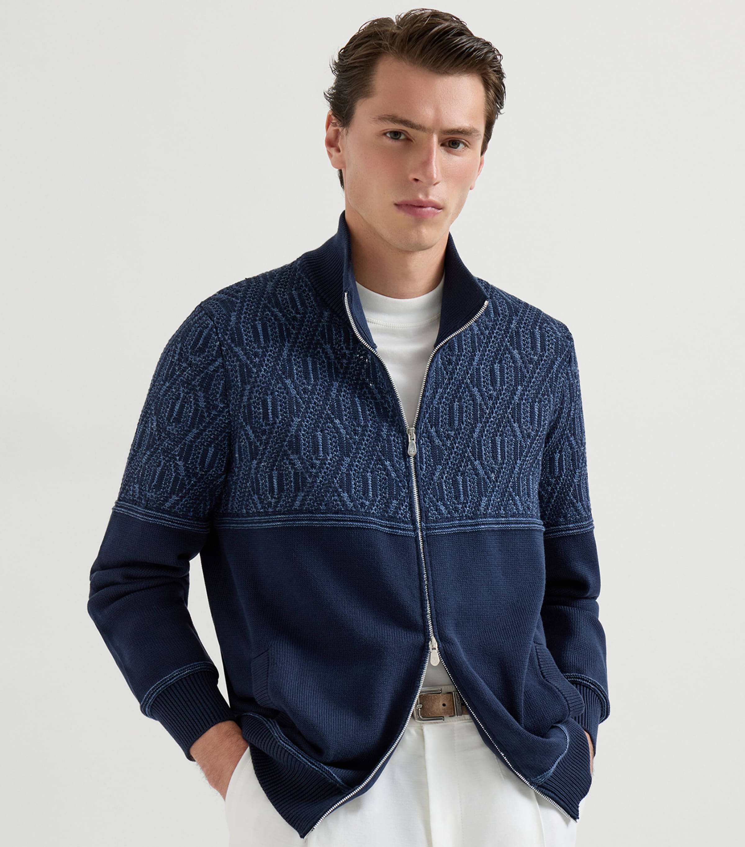 Brunello Cucinelli Mens Cotton Geometric Jacquard Cardigan Image 3