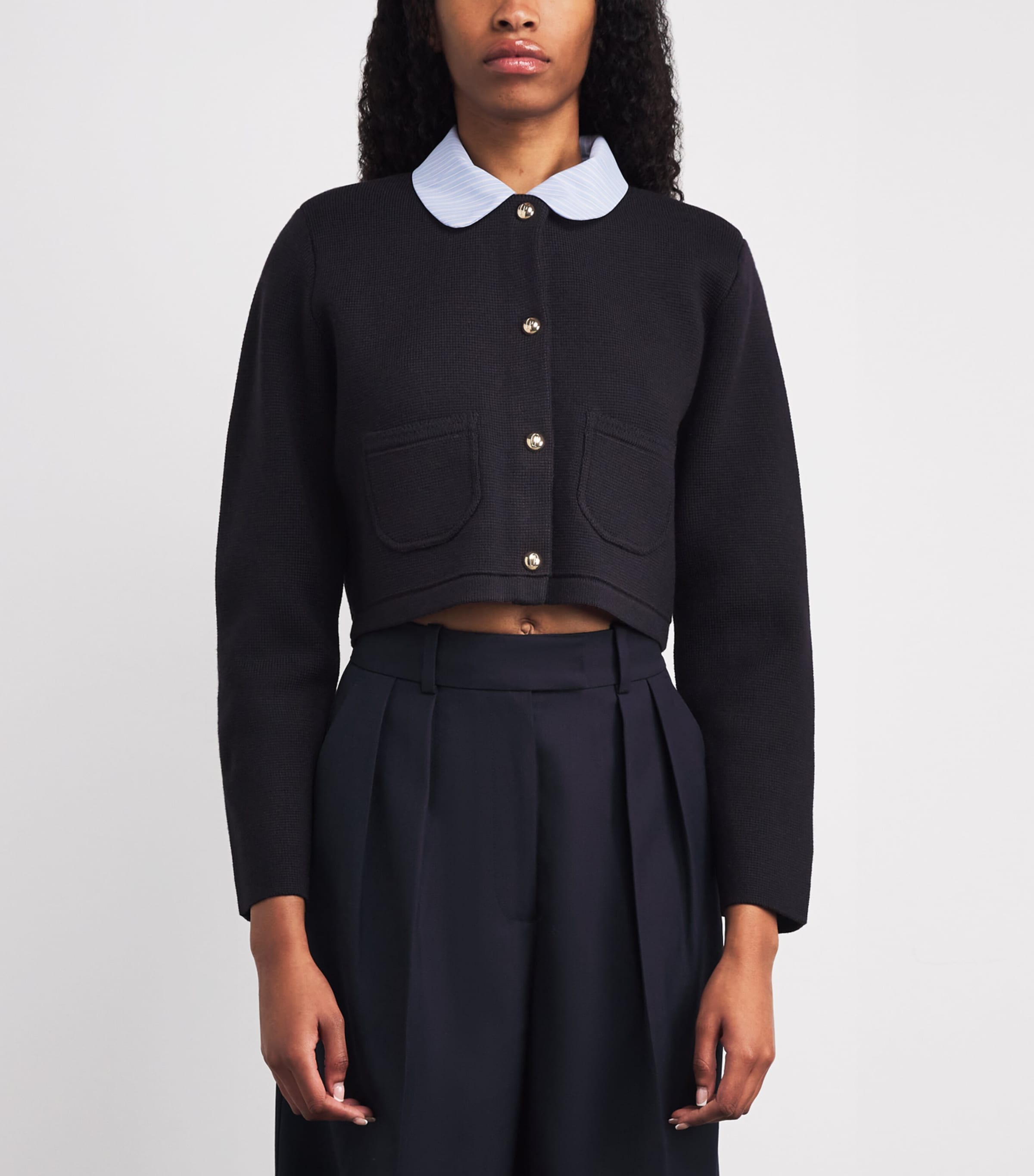 Cropped Collared Knitted Cardigan NAVY Image 3