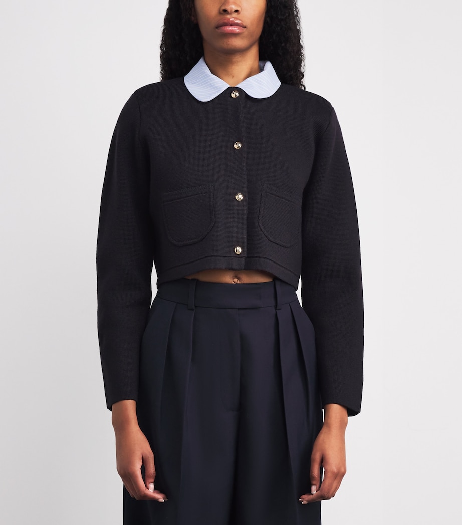 Cropped Collared Knitted Cardigan NAVY Image 3