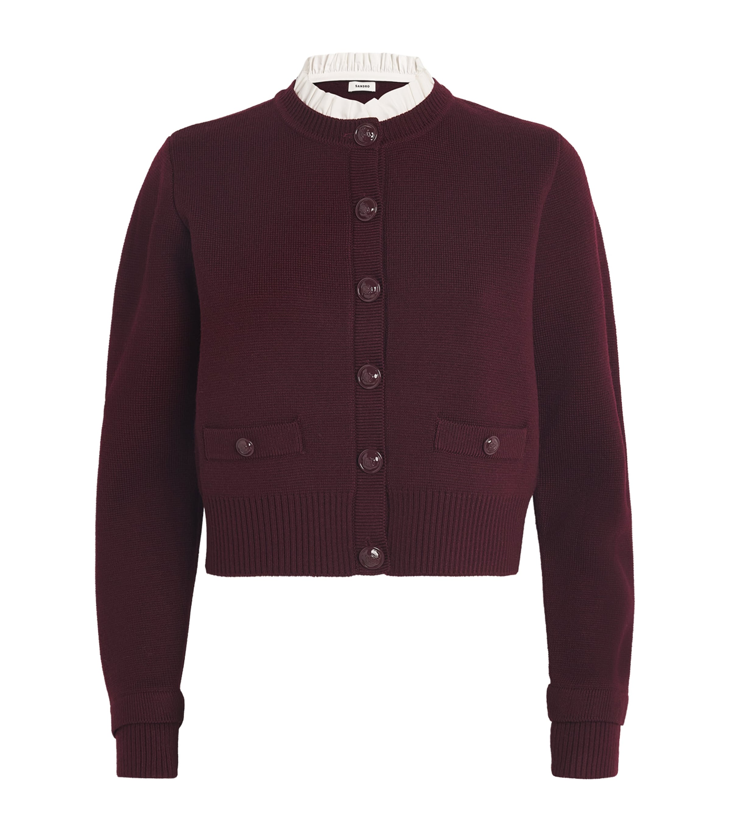 Shop Sandro Wool-blend Ruffled-collar Cardigan In Red
