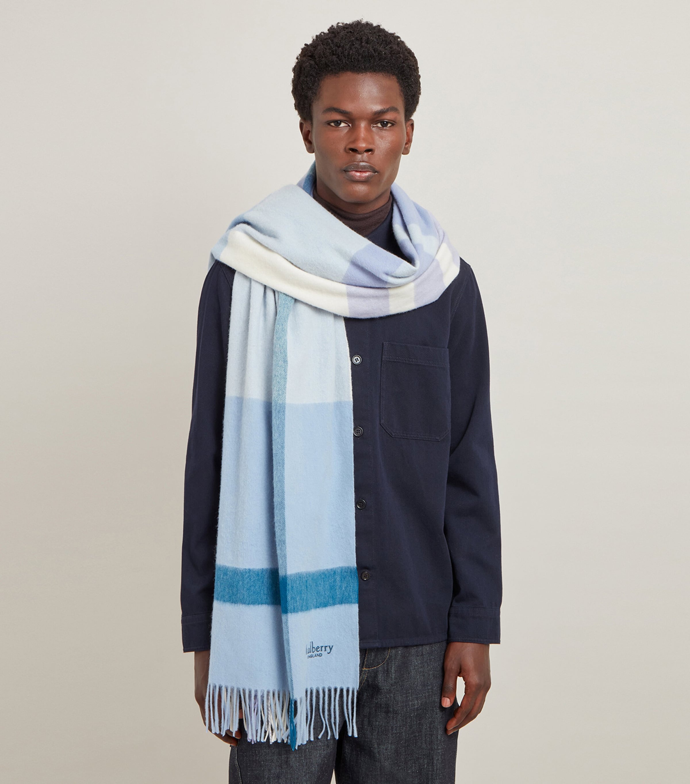 Large Merino Wool Check Scarf POPLIN BLUEWHITE Image 2