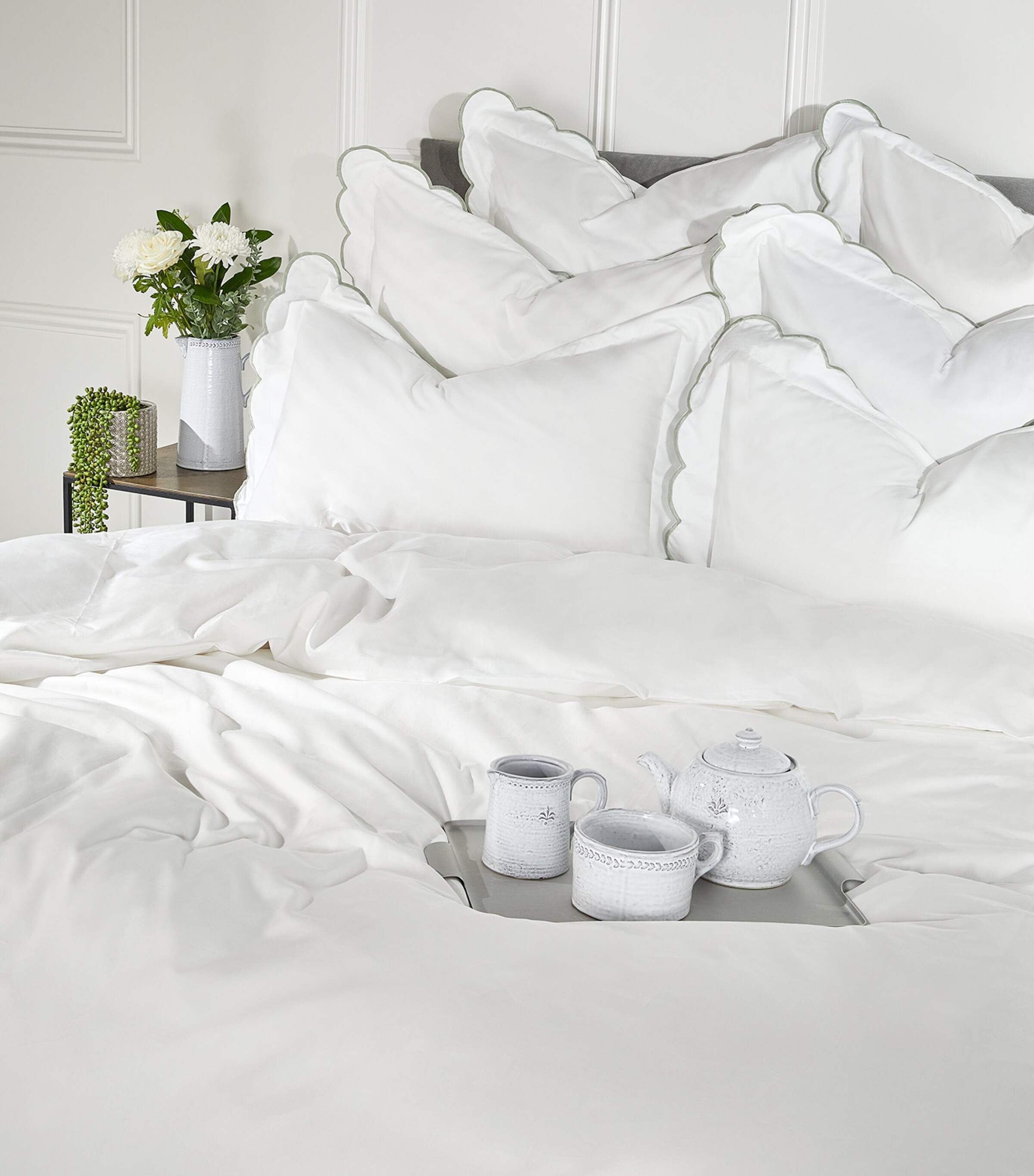 Egyptian Cotton Parisian Square Pillowcases (65cm x 65cm) WHITE/SAGE Image 3