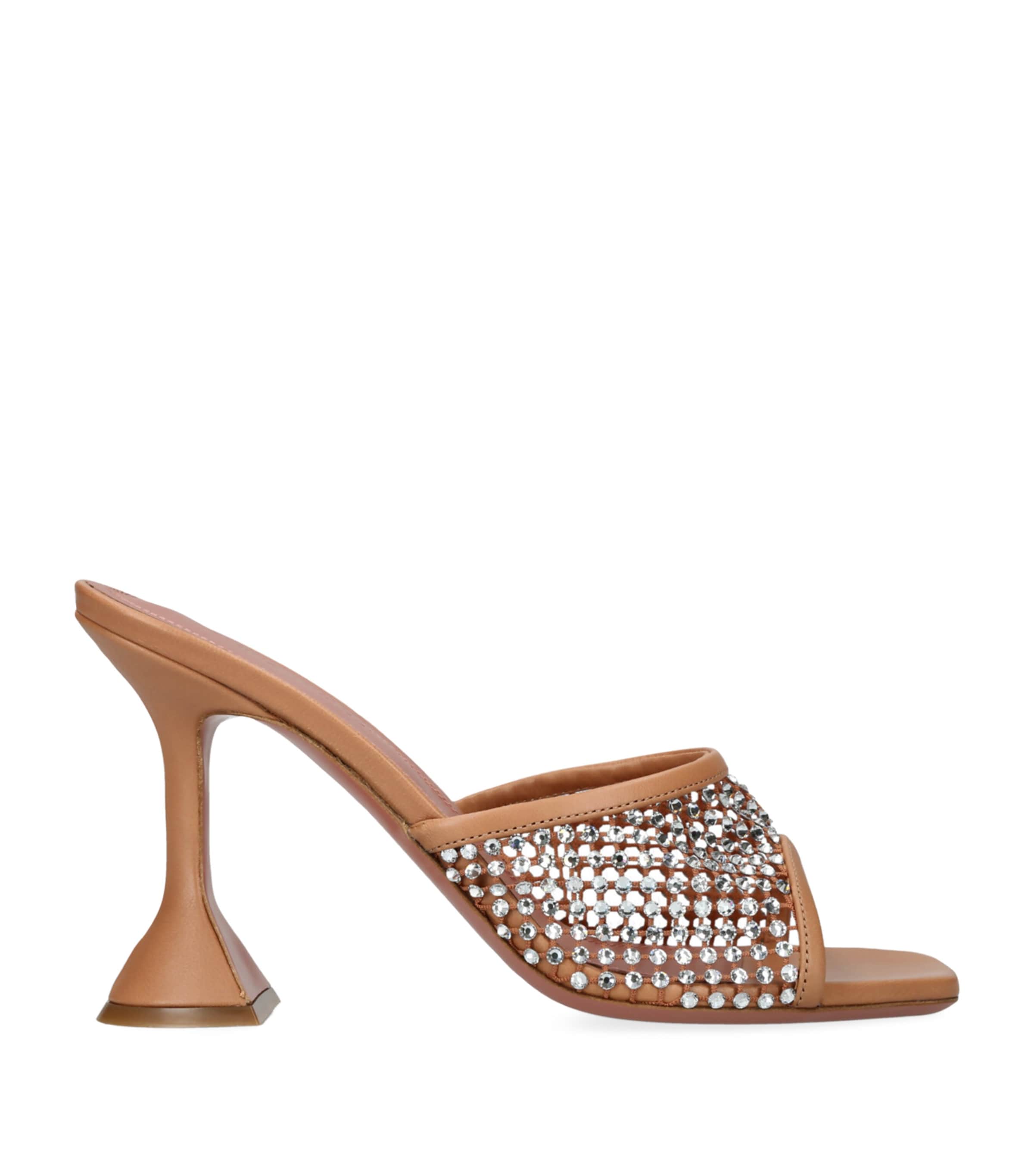 Amina Muaddi Tan Lupita Crystal Net Slipper Heeled Sandals