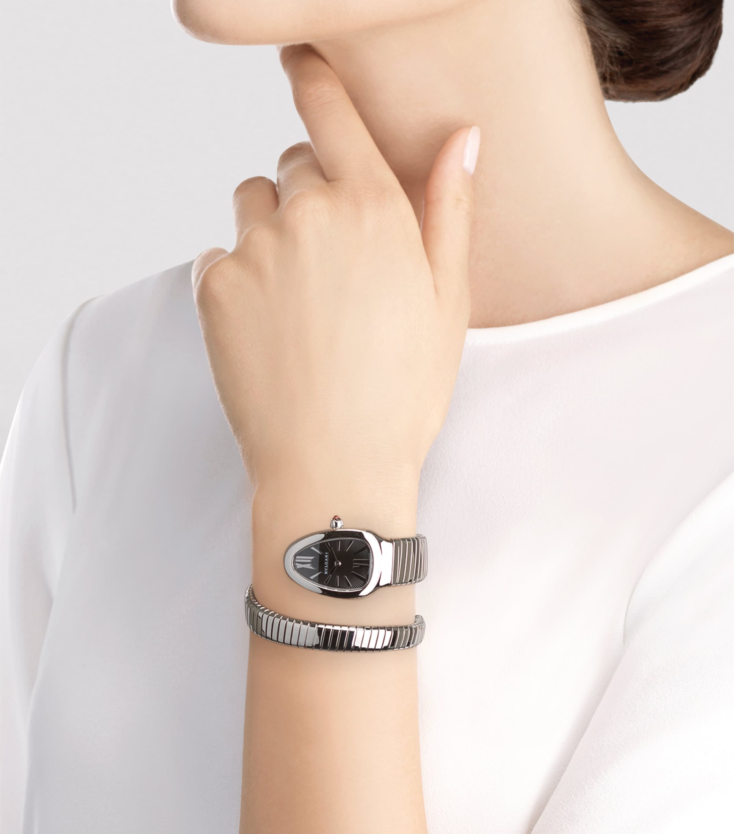 Bvlgari Stainless Steel and Pink Rubellite Serpenti Tubogas Watch 35mm Black Image 4
