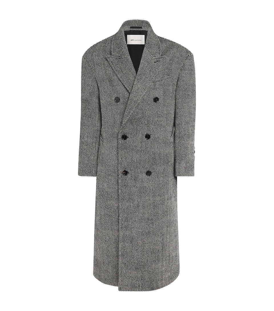 AMI Paris Wool Double-Breasted Overcoat Noir/ivoire