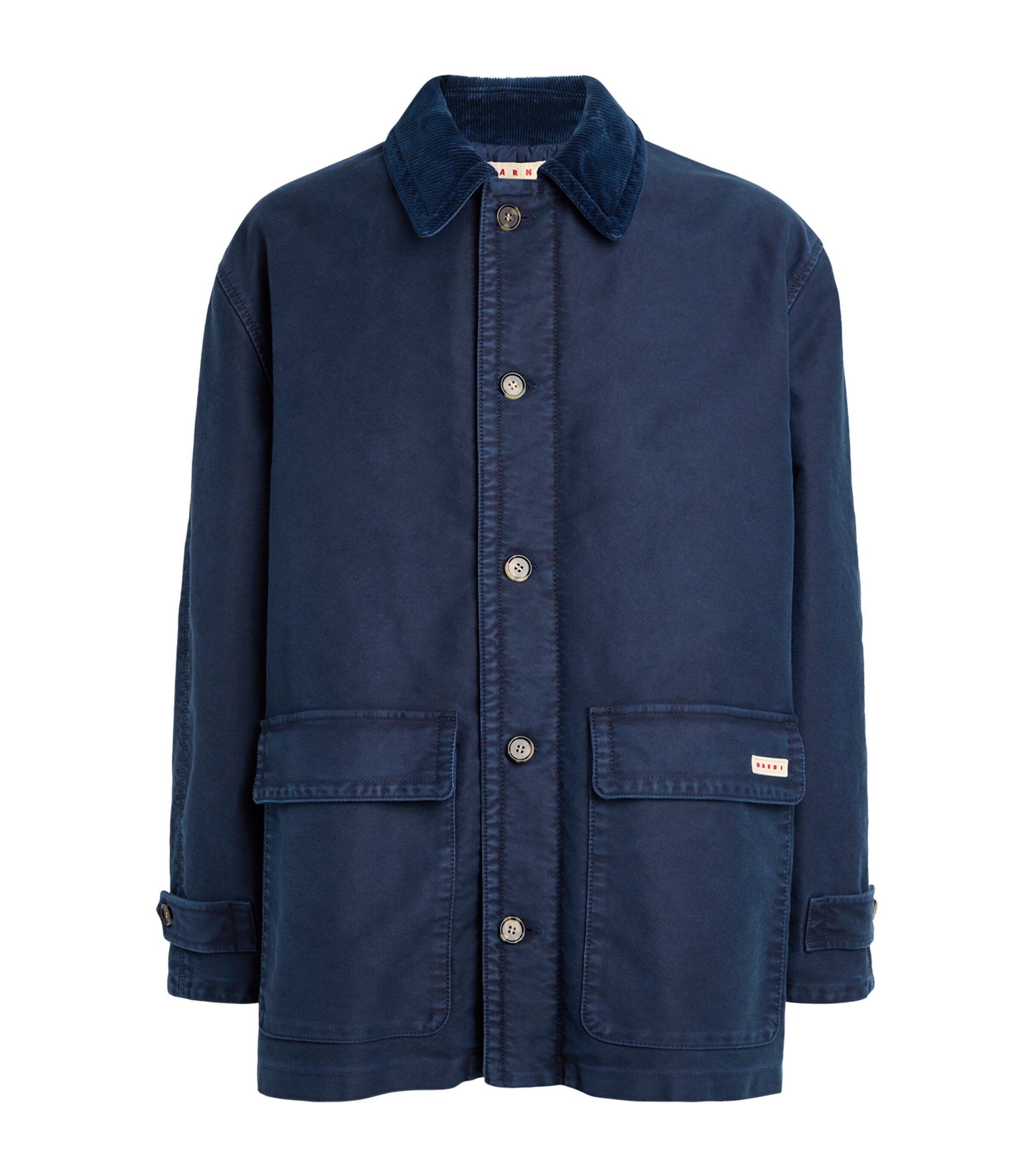 Marni Logo Patch Buttoned Coat In Navy