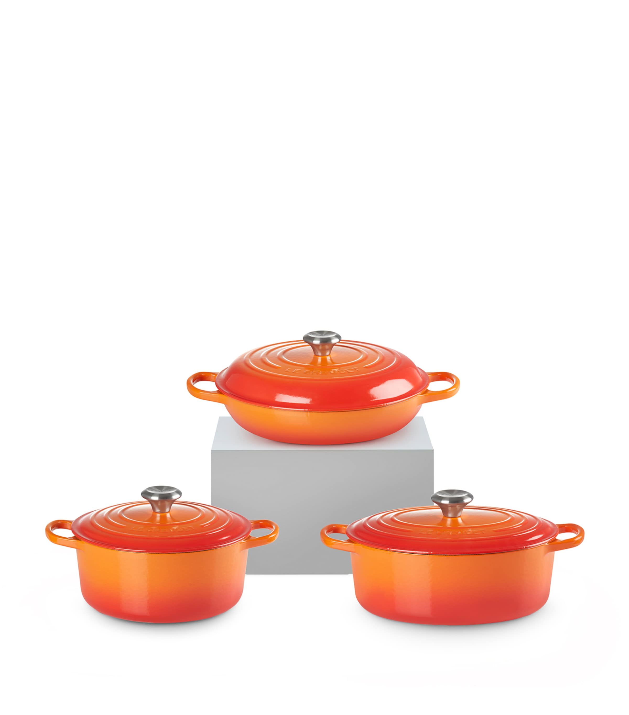 Le Creuset Set Of 3 Cast Iron Casserole Dishes In Orange