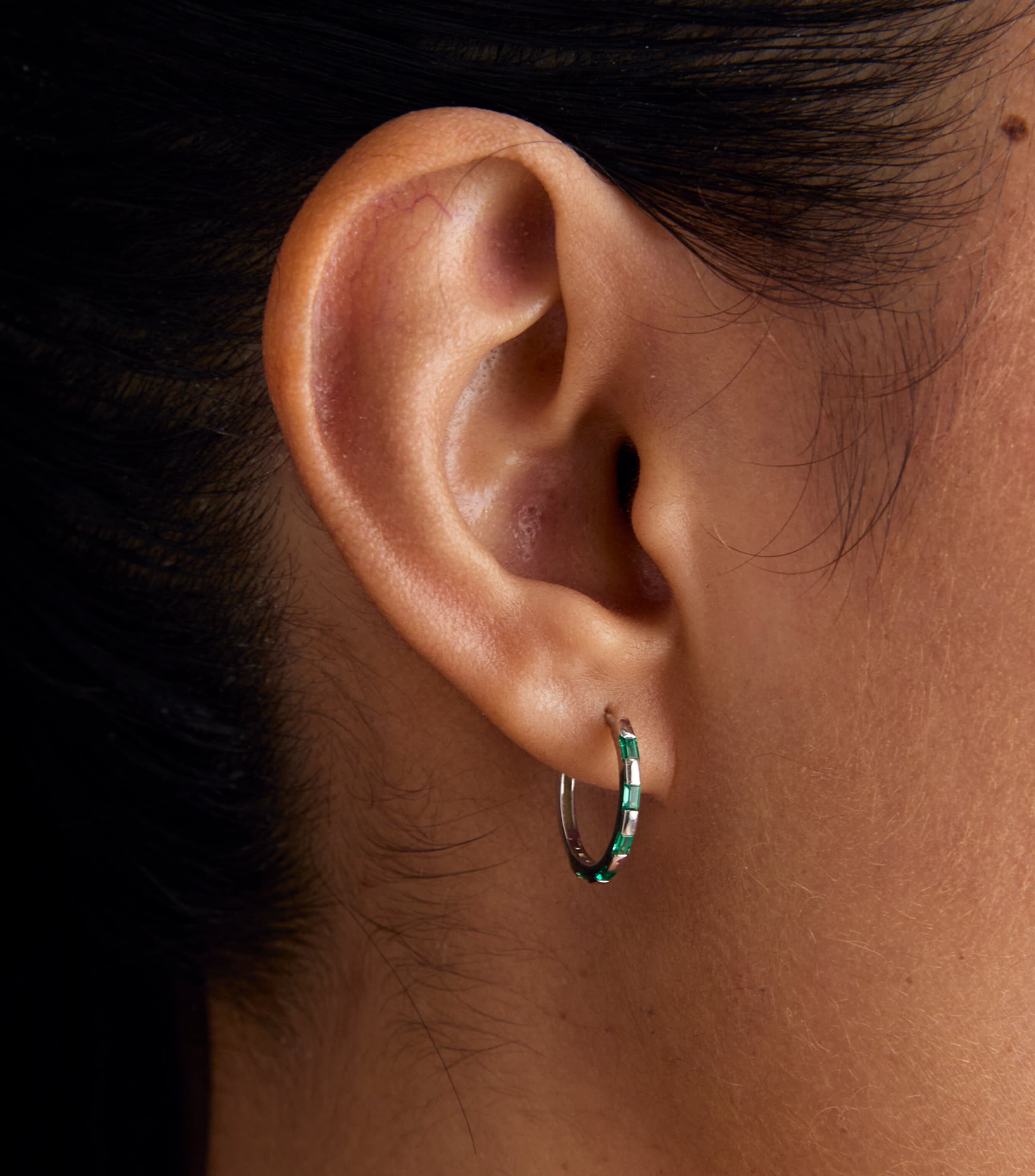Astrid & Miyu White Gold and Emerald Baguette Hoop Earrings White Gold Image 2