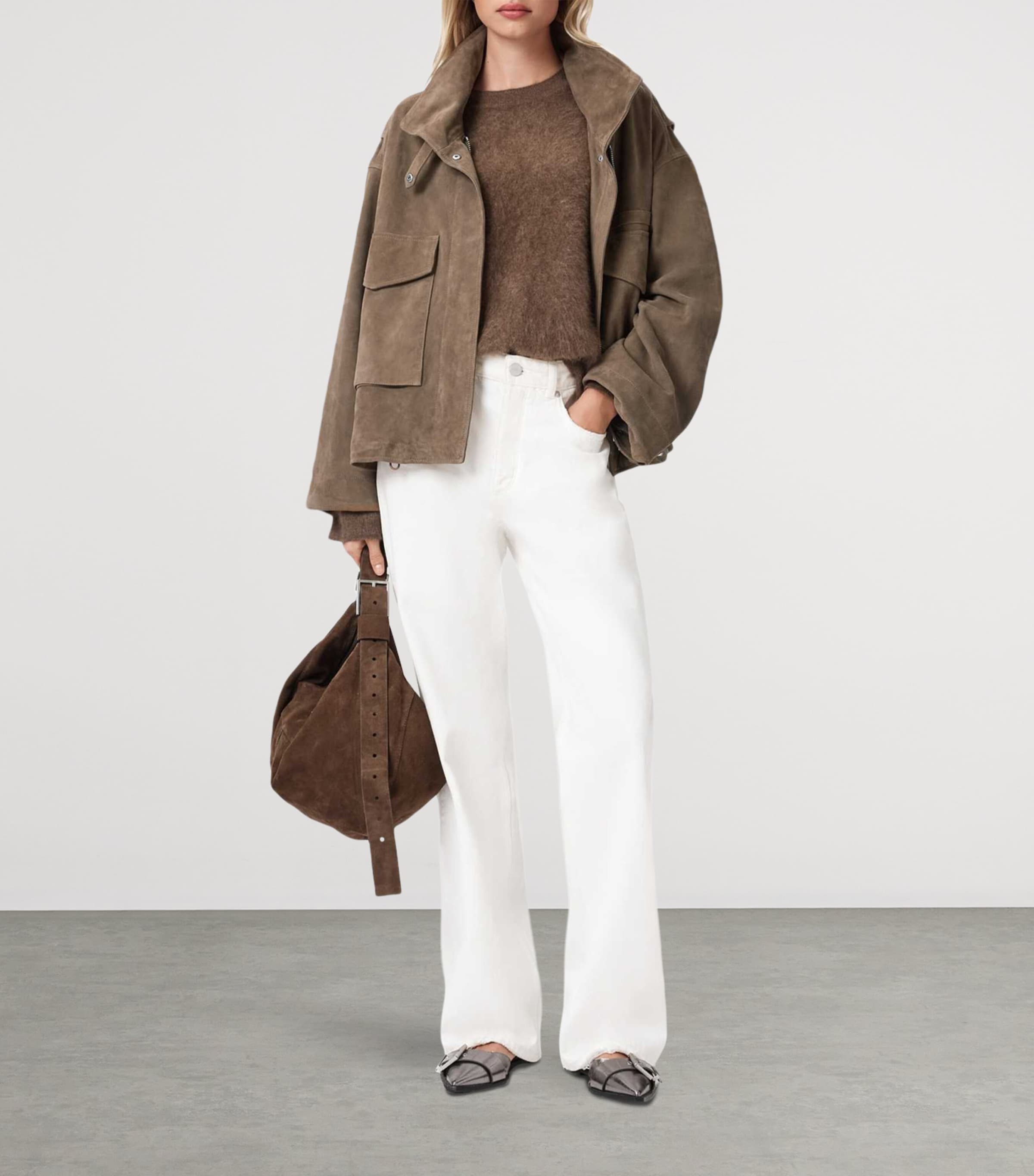 AllSaints Womens Suede Clay Bomber Jacket Walnut Brown Image 3