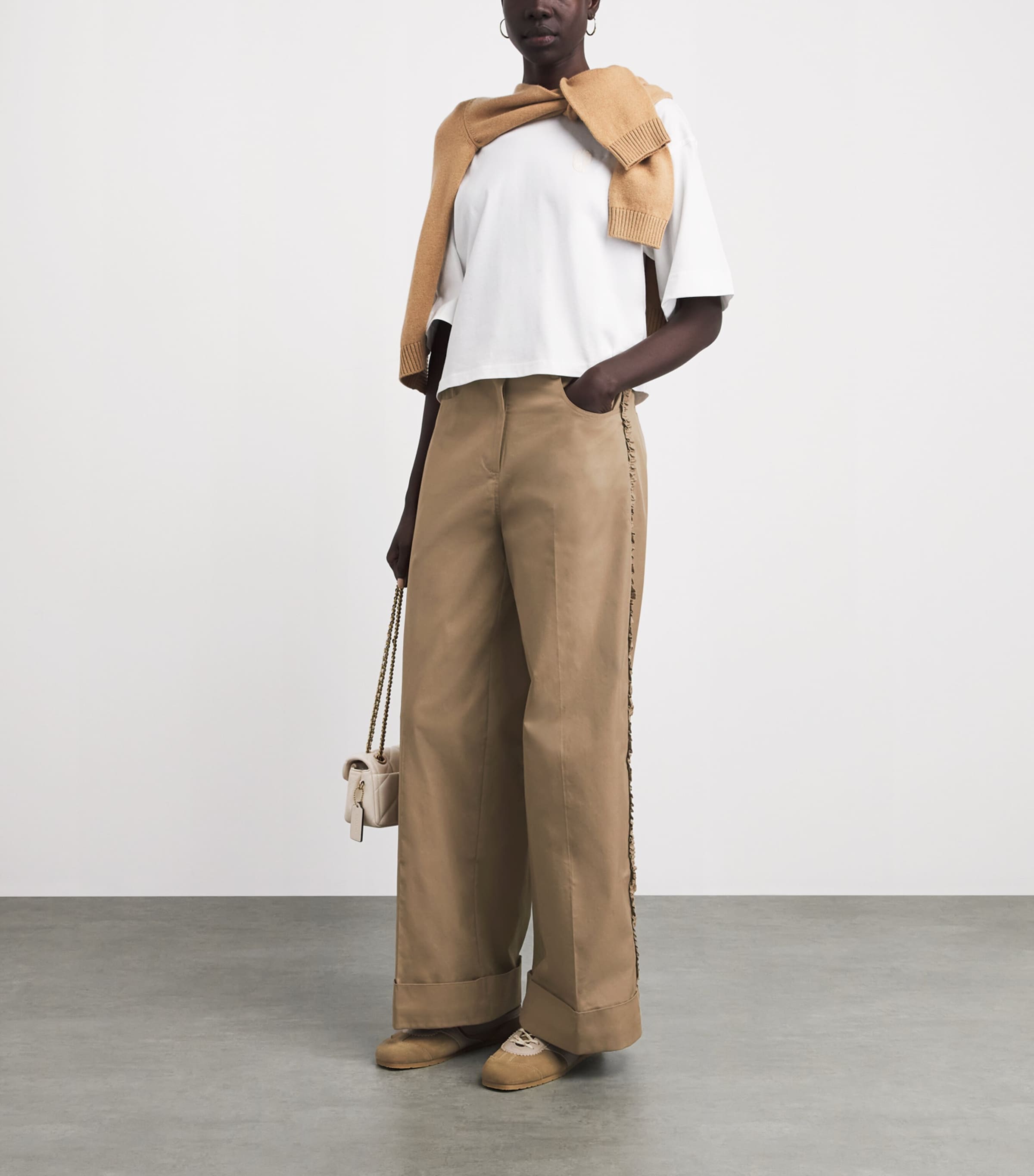 Claudie Pierlot Womens Cotton-Blend Wide-Leg Trousers Beige Image 2