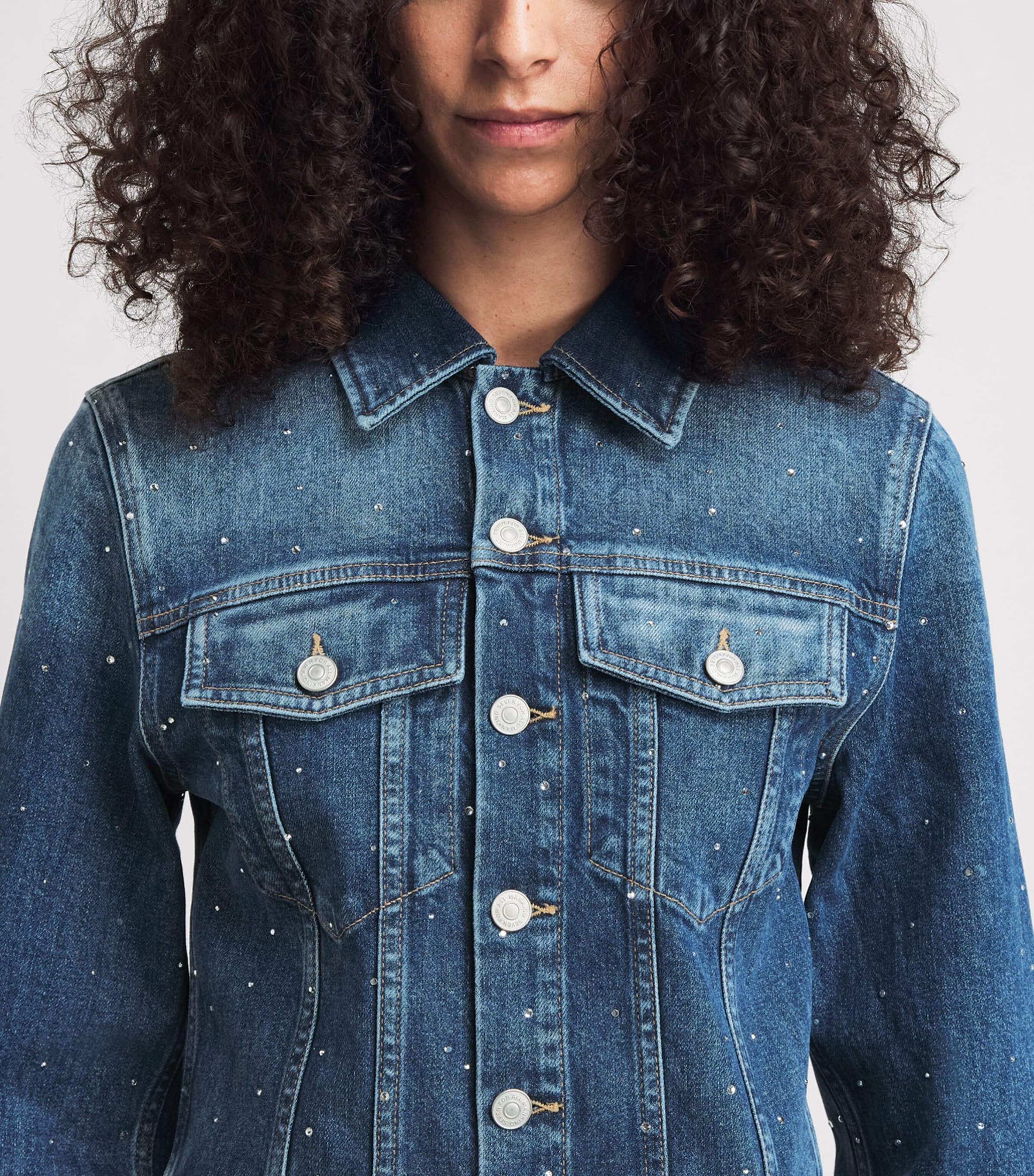 7 For All Mankind Womens Embellished Trucker Denim Jacket Blue Shine Image 3
