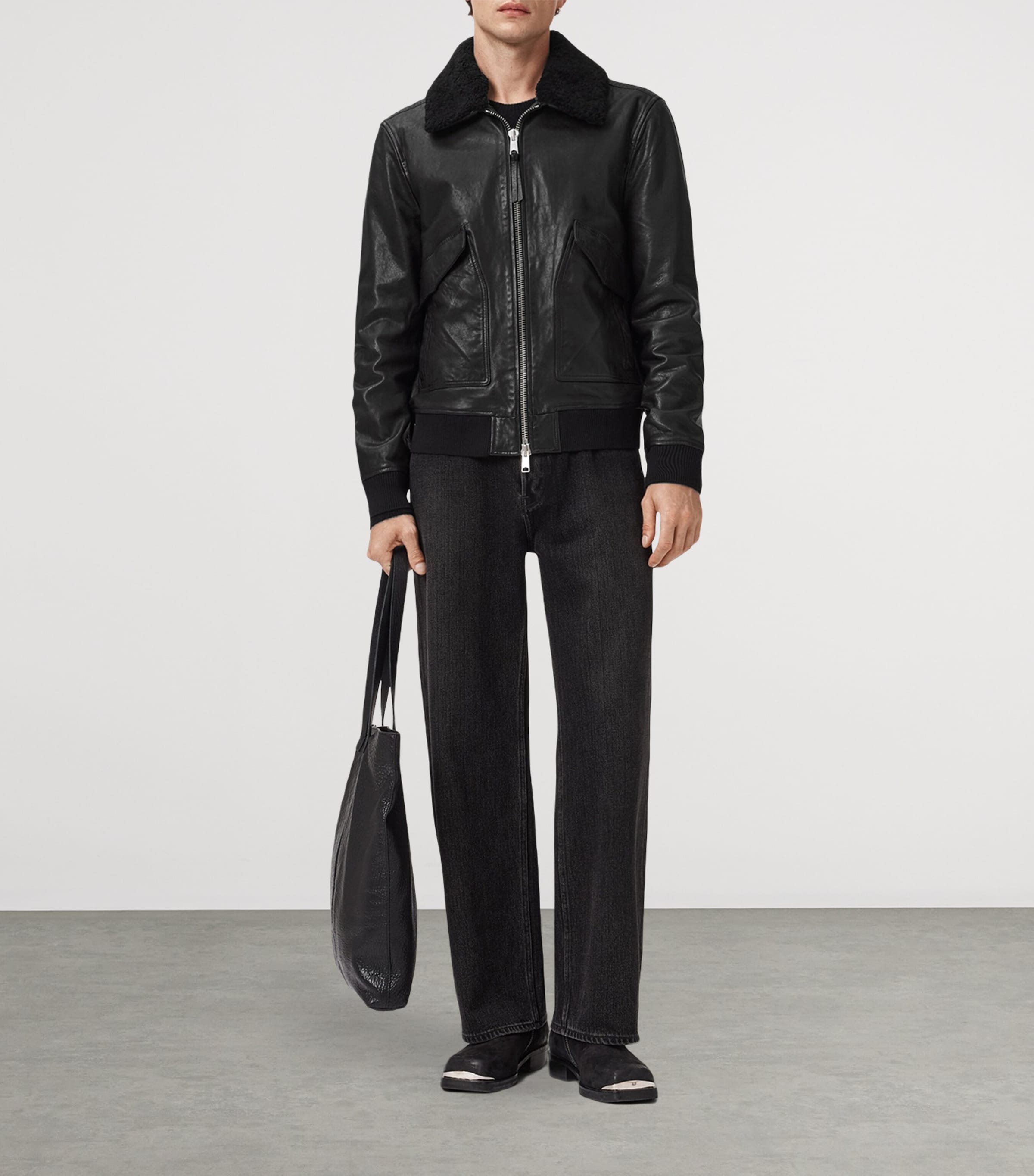 Leather Vaucluse Bomber Jacket BLACK Image 3