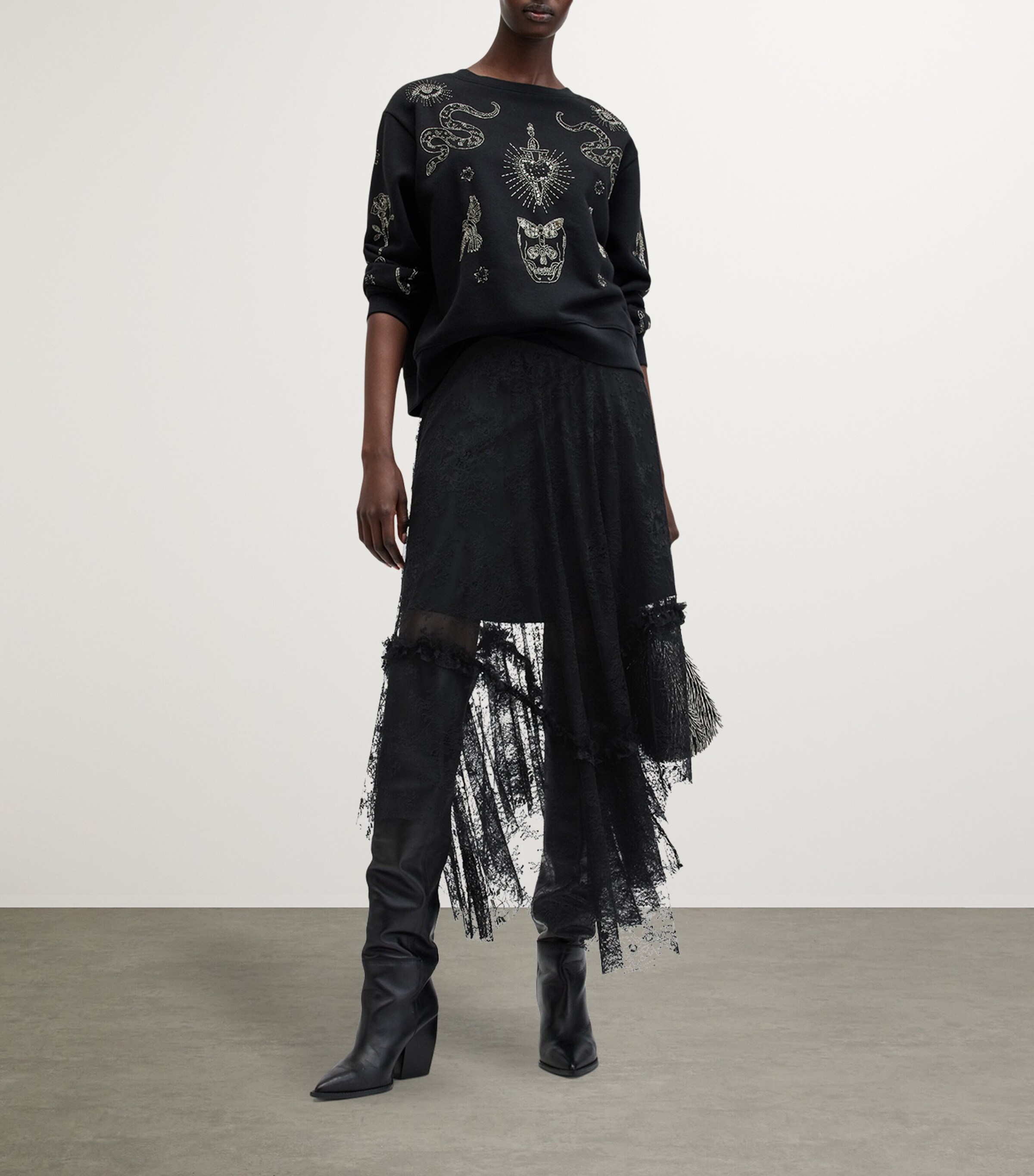 AllSaints Black Josie Layered Lace Midi Skirt | Harrods US