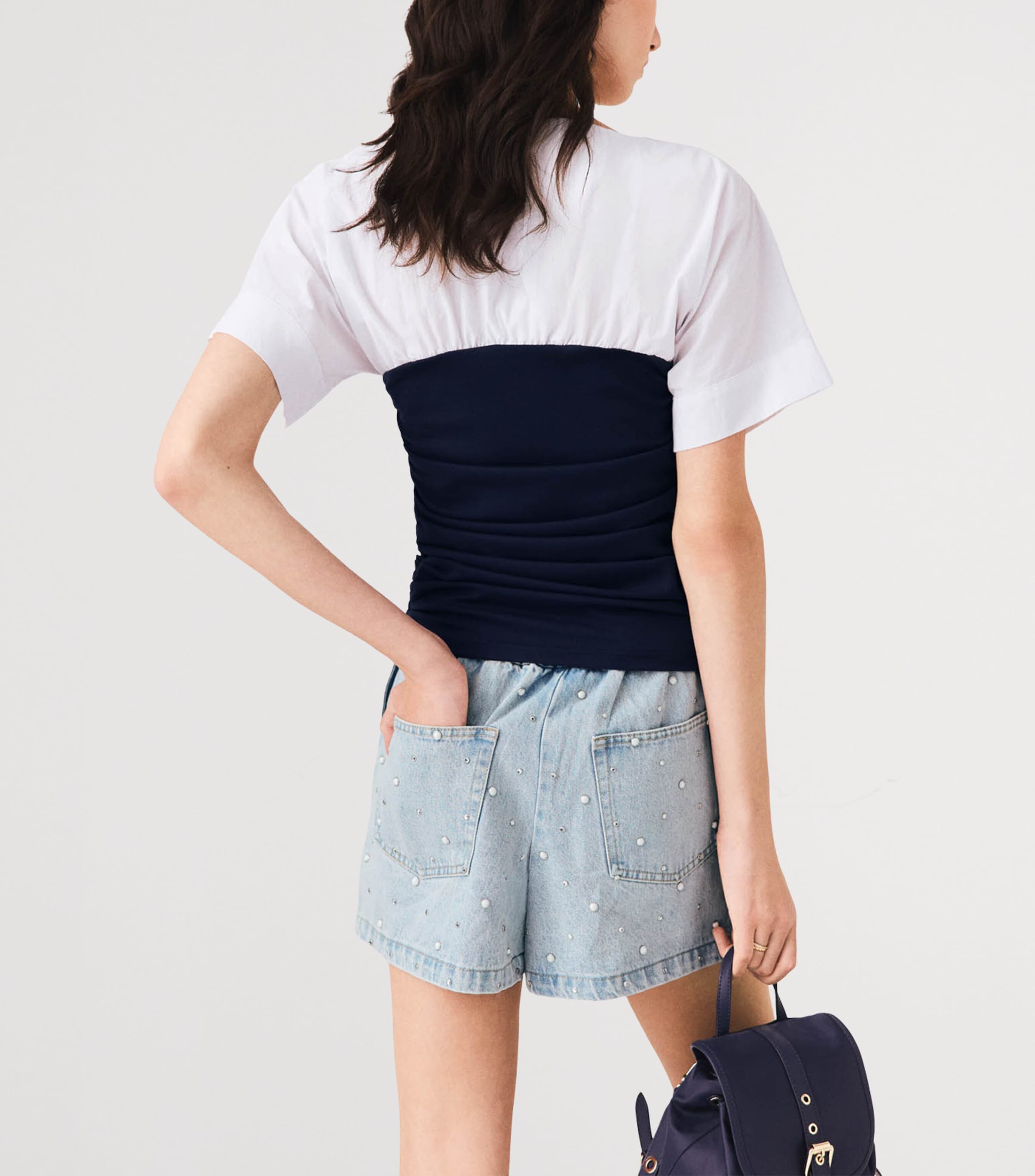 Maje Womens Cotton Gathered T-Shirt White/navy Image 4