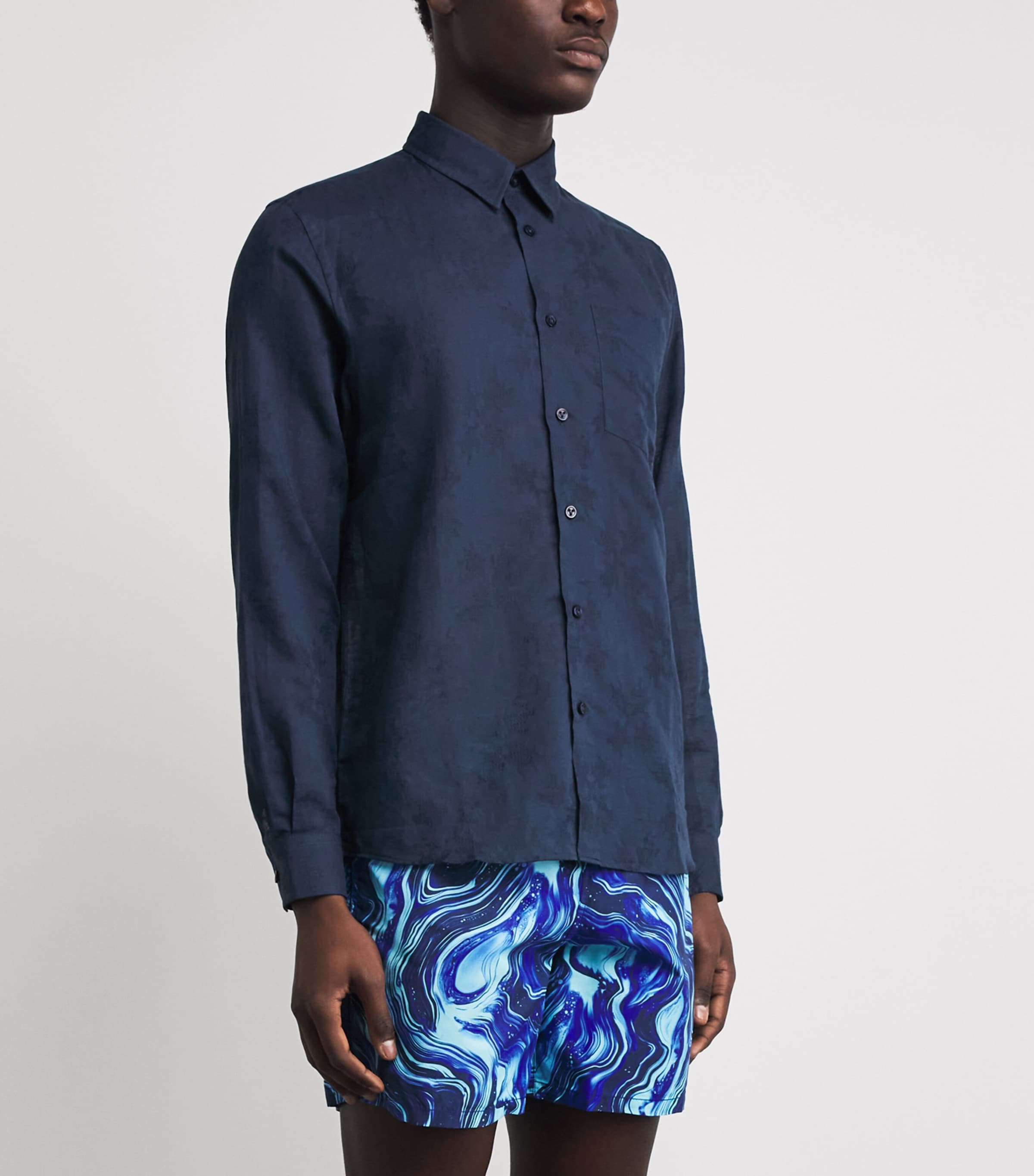Vilebrequin Mens Cotton-Linen Embroidered Caroubis Shirt Blue Marine Image 4