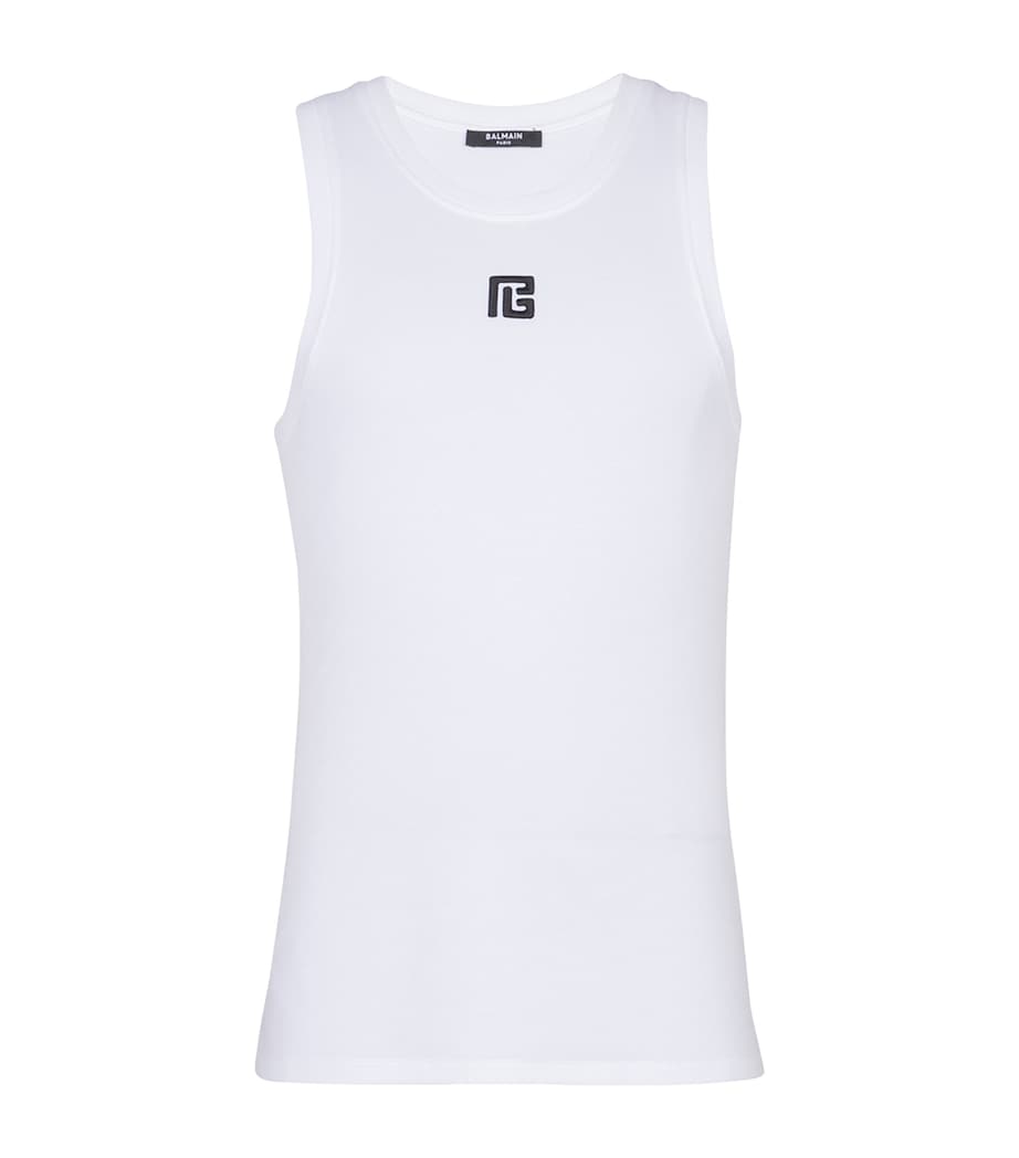 Balmain Mens Logo Embroidered Tank Top Gab Blanc/noir Image 1