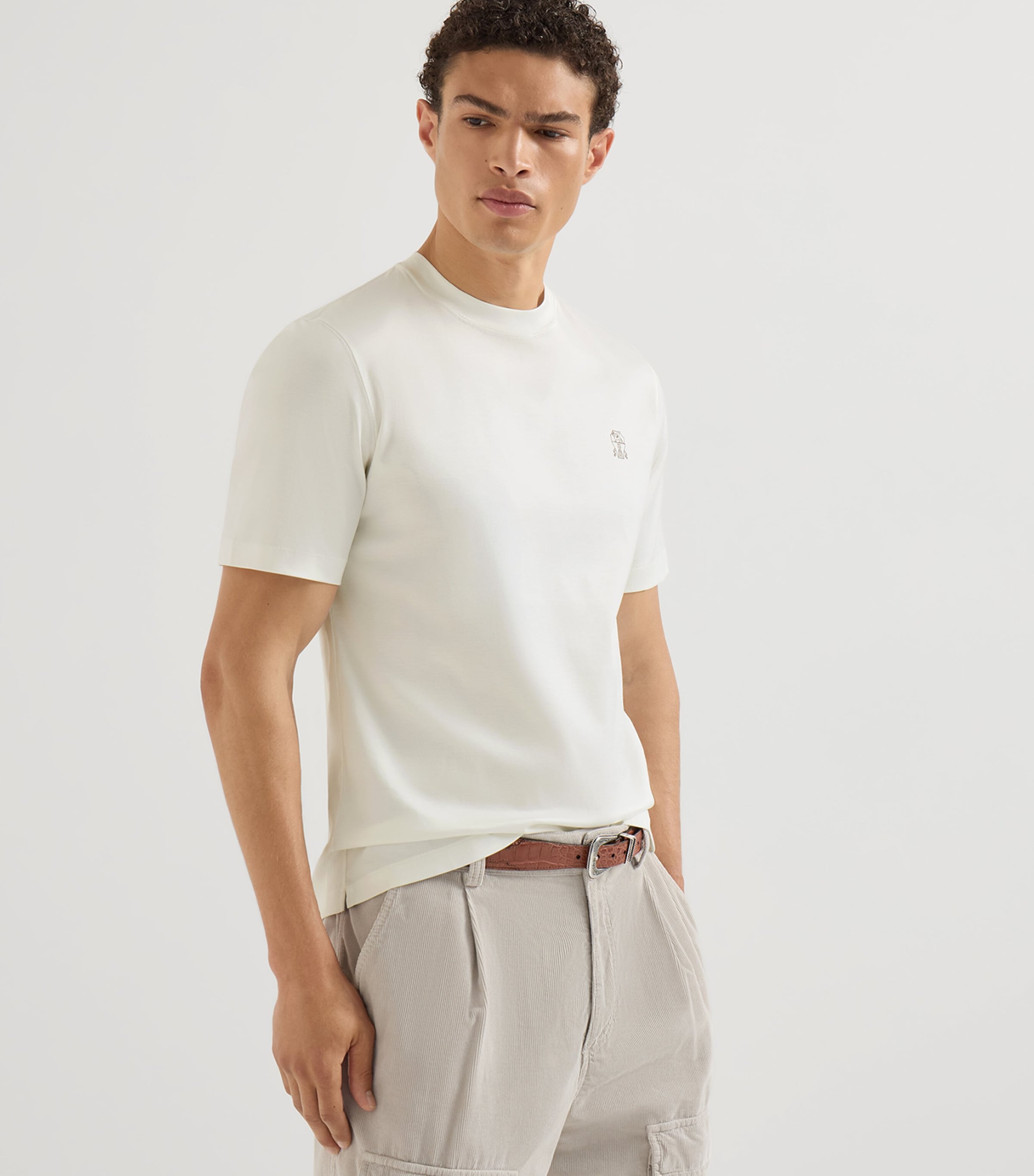 Brunello Cucinelli Mens Cotton Logo T-Shirt White+brown Image 2